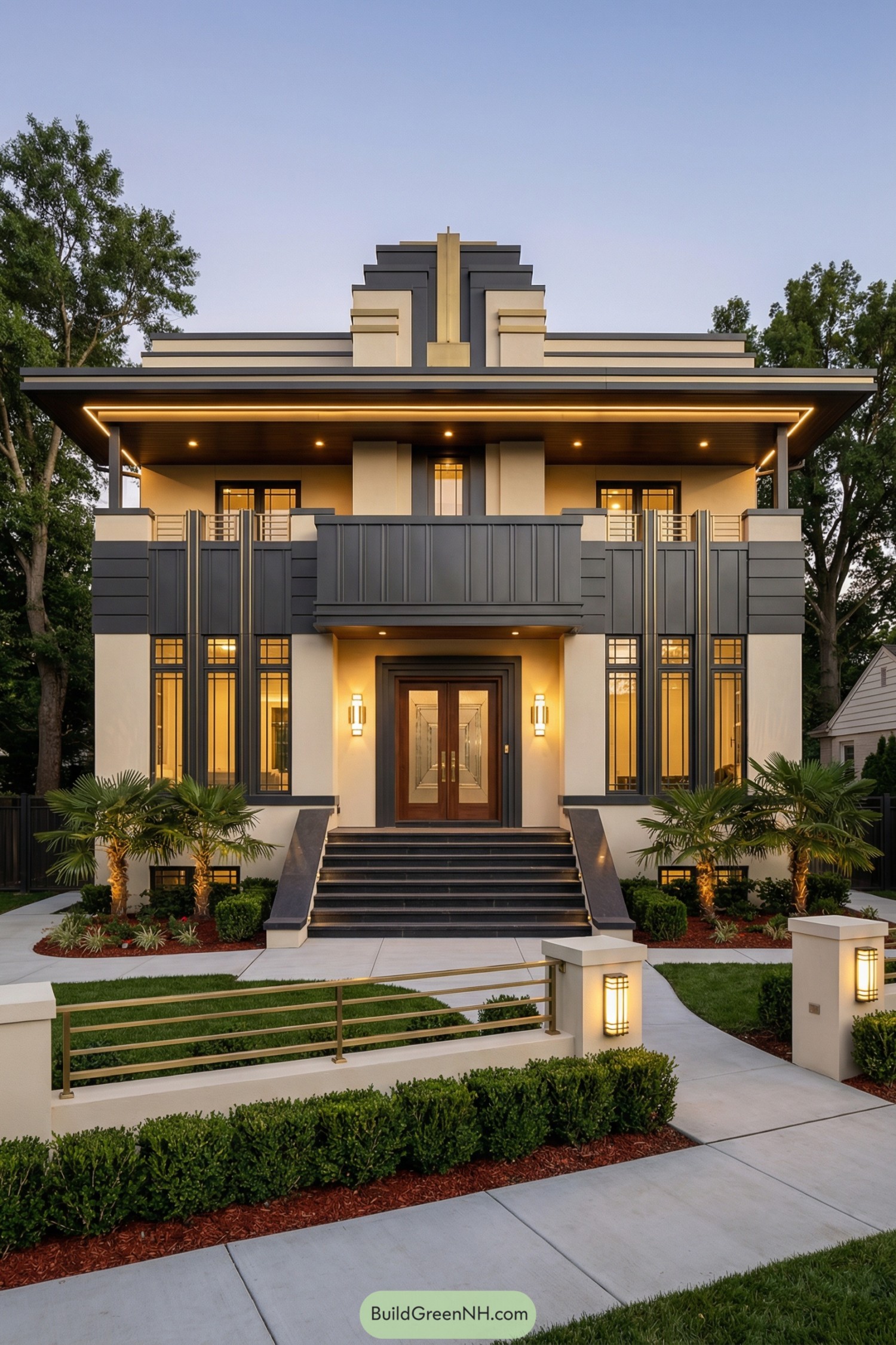 Cream and charcoal art deco house with bold vertical lines and warm evening lighting