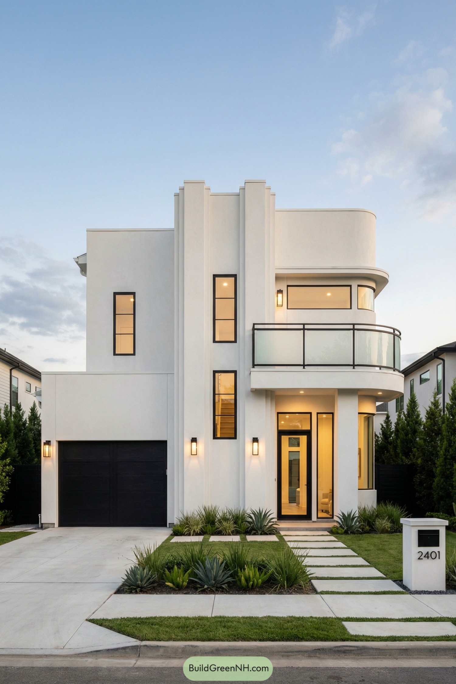 White stucco art deco house with tall central fins and curved balcony