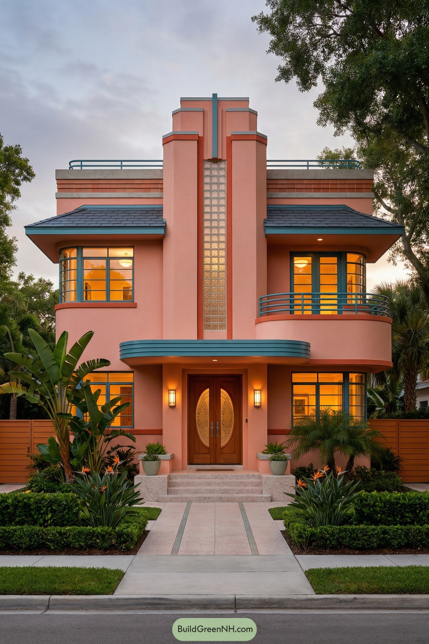 Peach art deco house with teal trim, rounded balconies, and a tall glass-block tower entry