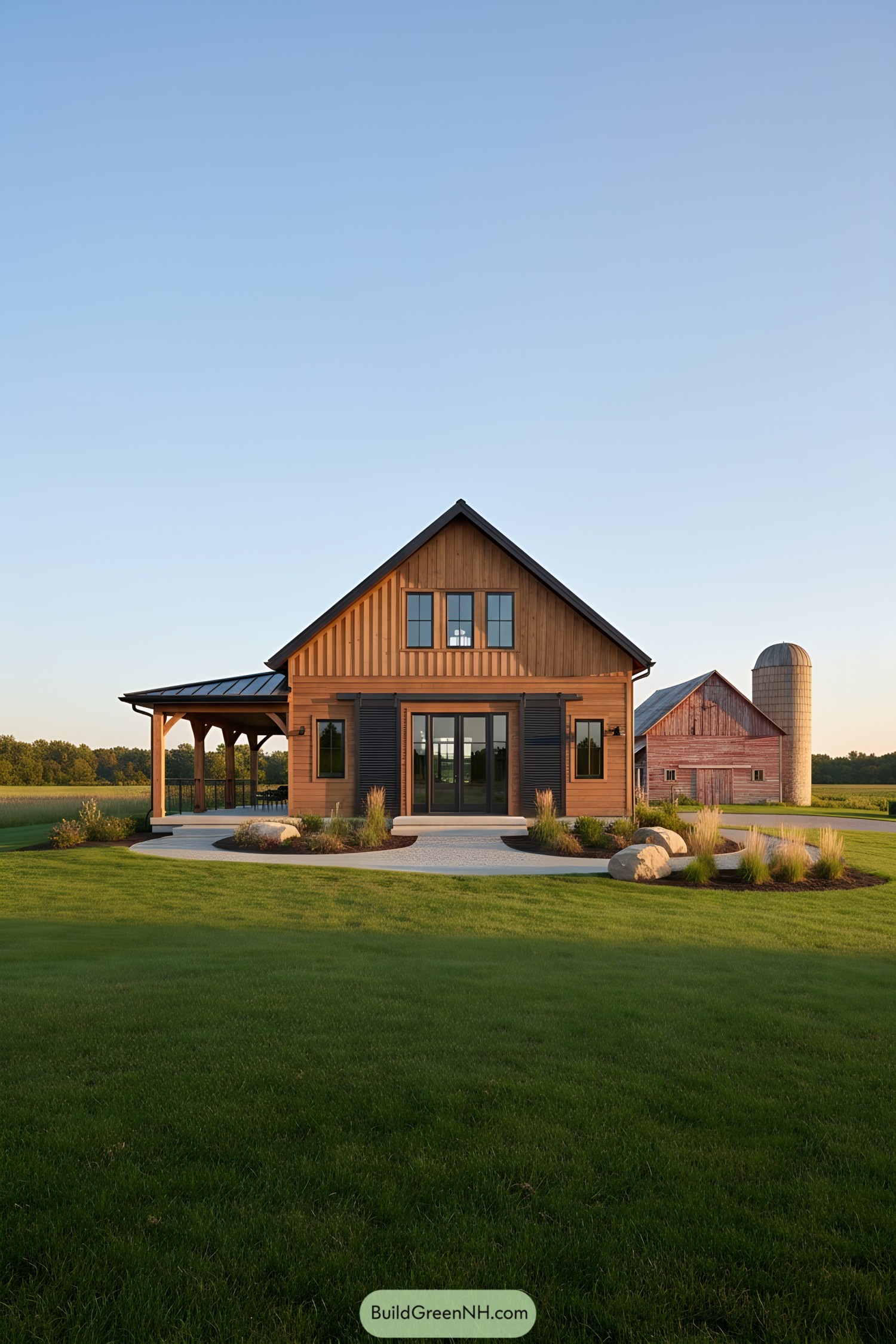 Warm cedar barn home with gabled roof and wraparound porch at sunset