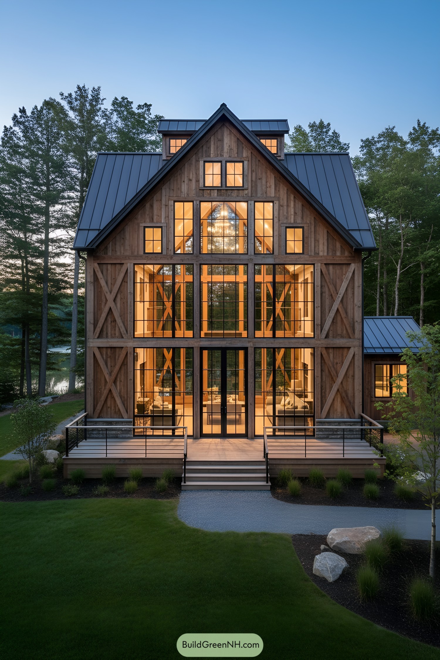 Warm wood barn home with full-height glass