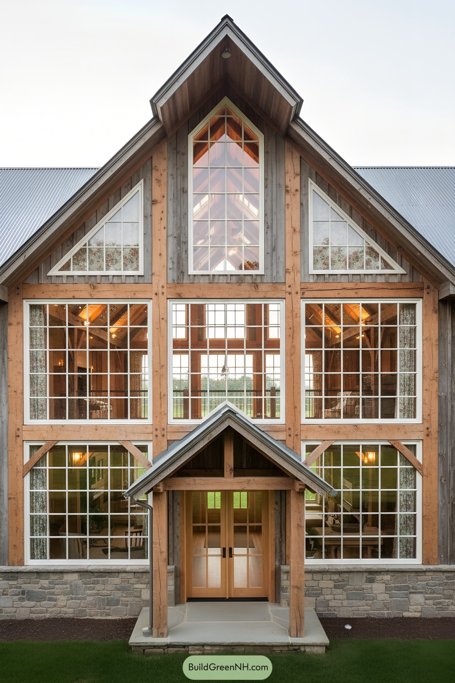 Tall timber-framed barn house with expansive grid windows and a small gabled entry