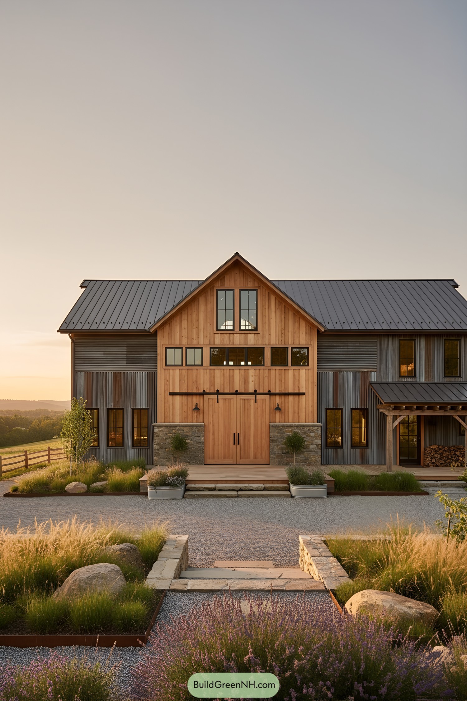 Modern barn home with cedar gable center, corrugated steel wings, and black metal roof at sunset