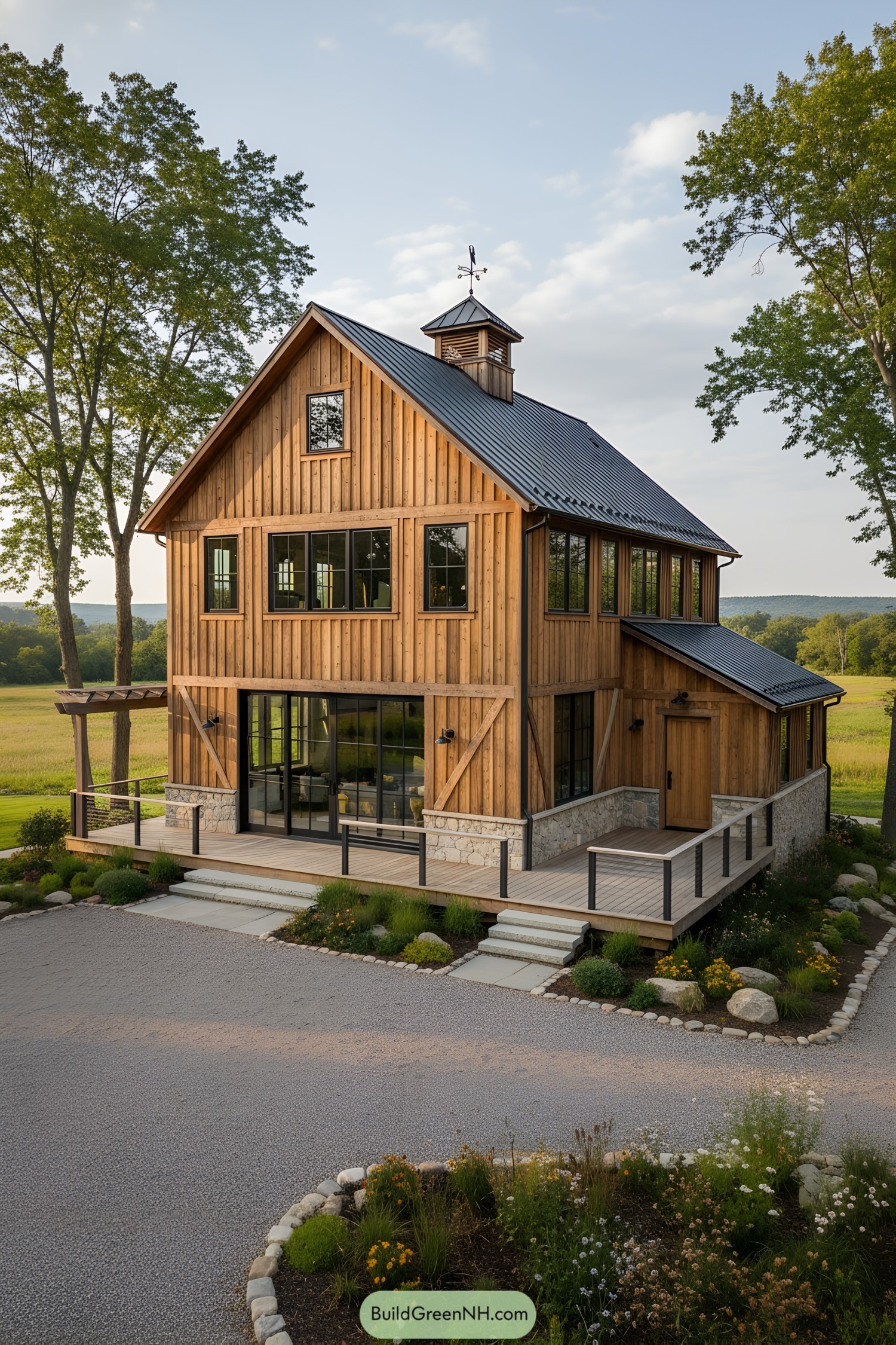 Two-story timber barn home with stone base, black metal roof, and expansive glass doors opening to a wraparound deck. Set in a sunny meadow with simple landscaping and a small cupola
