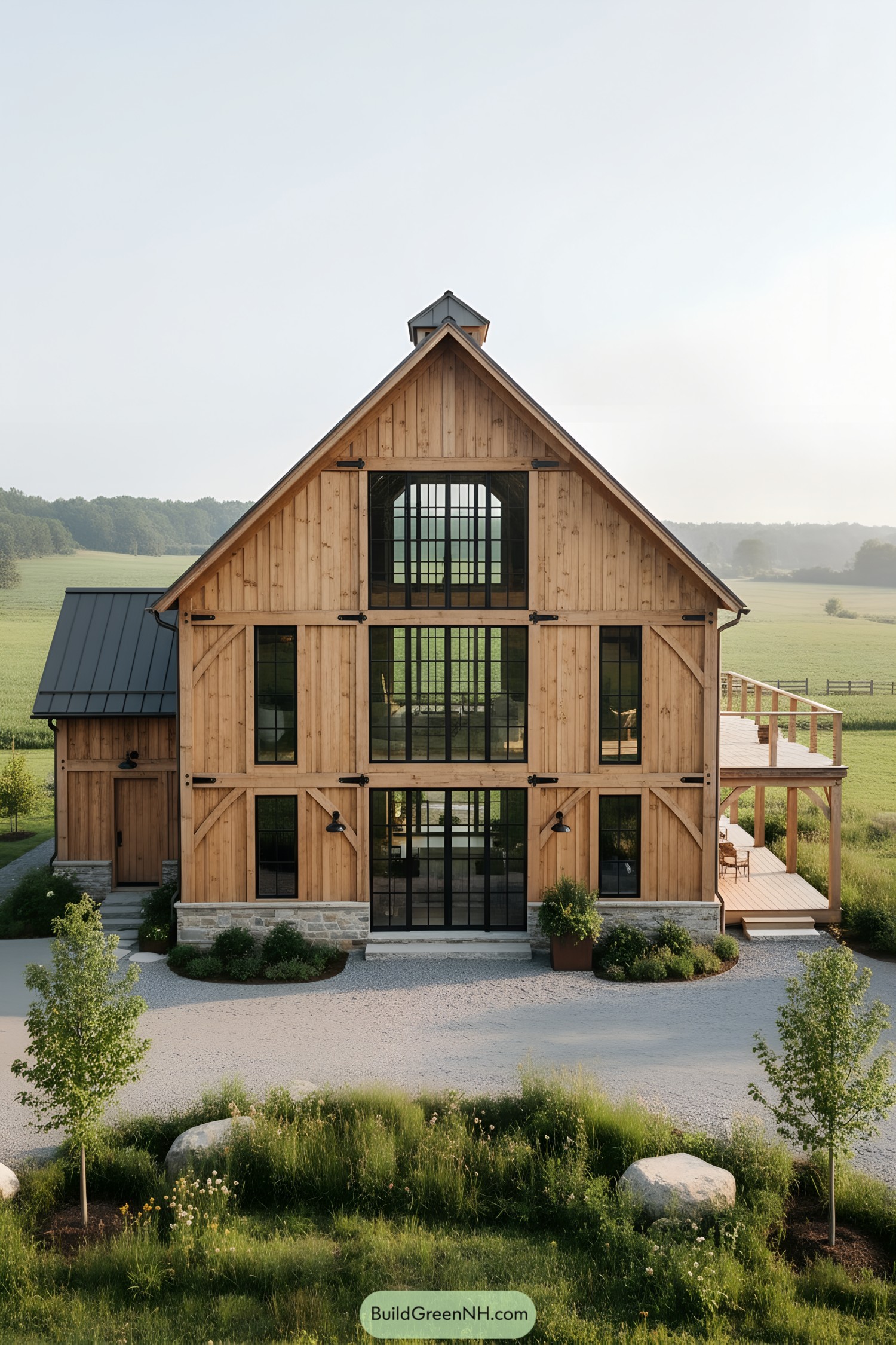 Tall timber barn home with black-grid windows