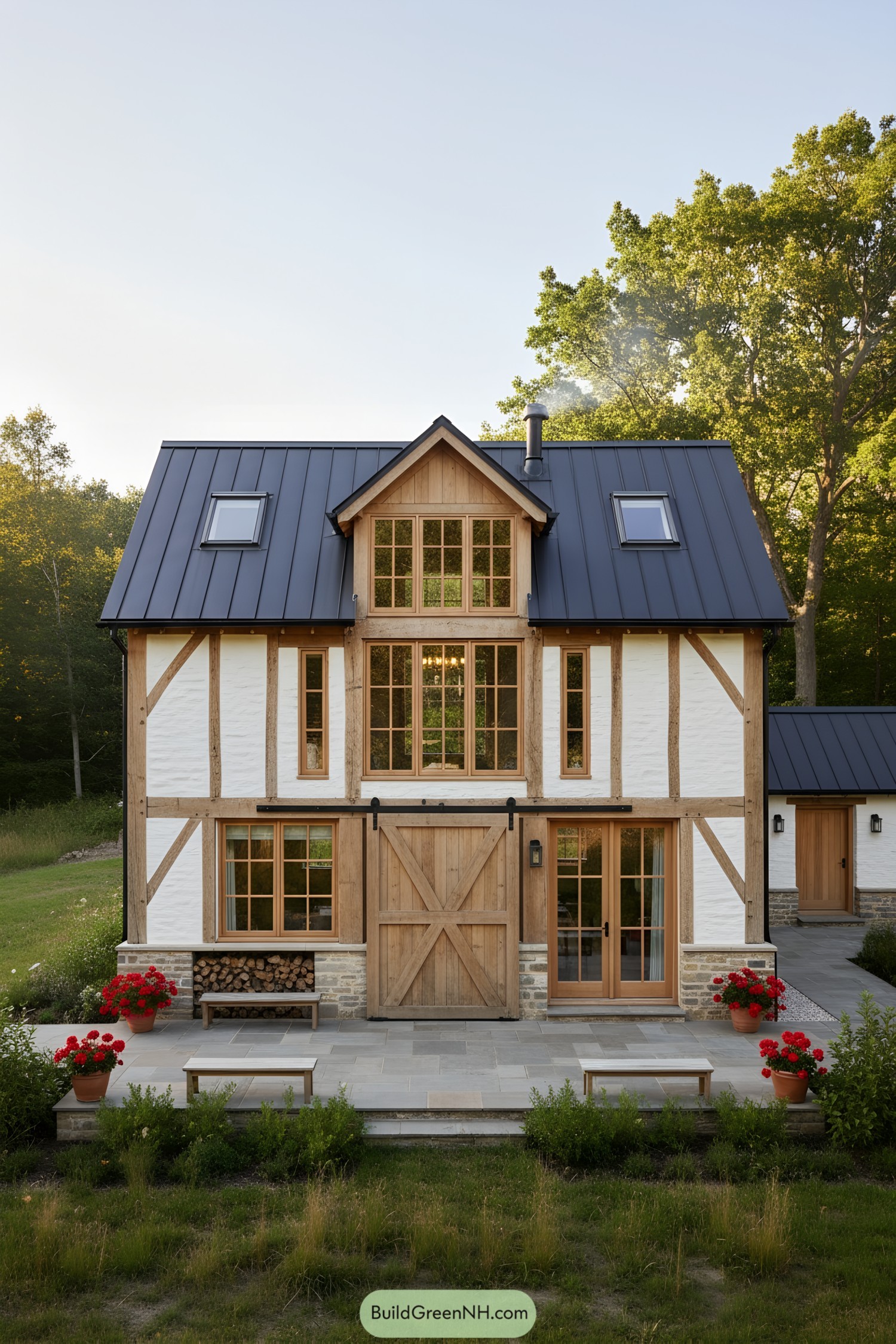Two-story timber-frame barn conversion with black metal roof, white infill walls, and expansive gridded windows