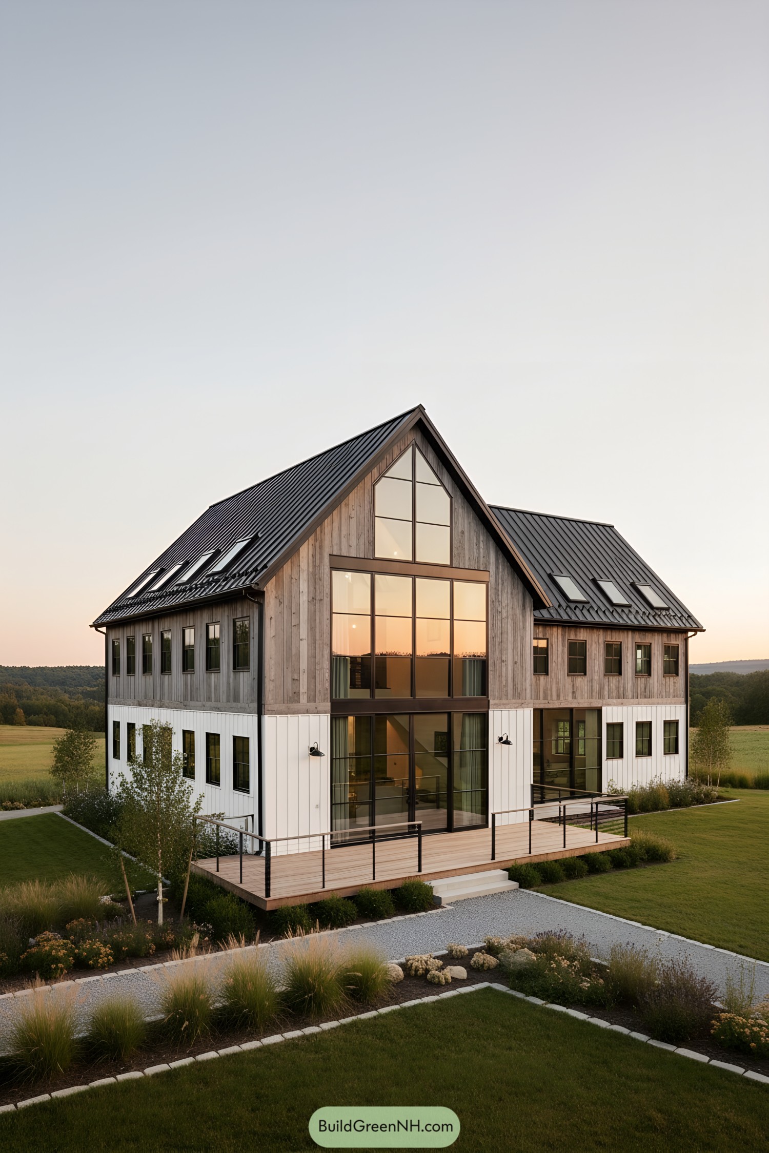 Modern barn-style home with tall glazing and metal roof