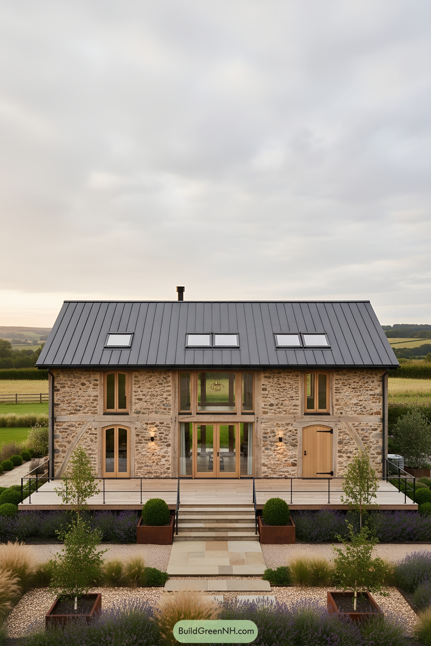 Rustic stone barn with metal roof and wood-framed windows