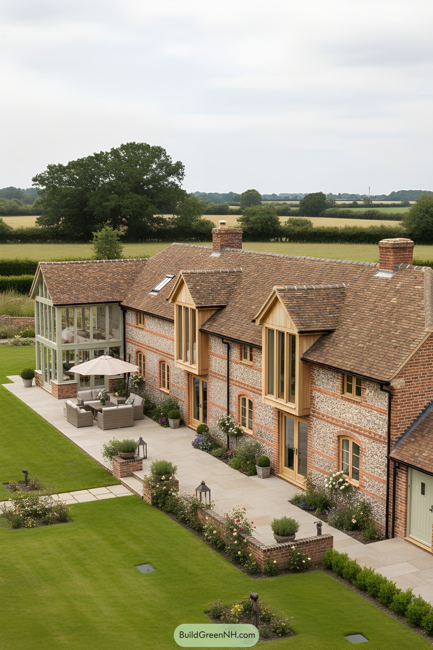 Restored barn home with flint walls, timber gables, and glass sunroom overlooking manicured lawn