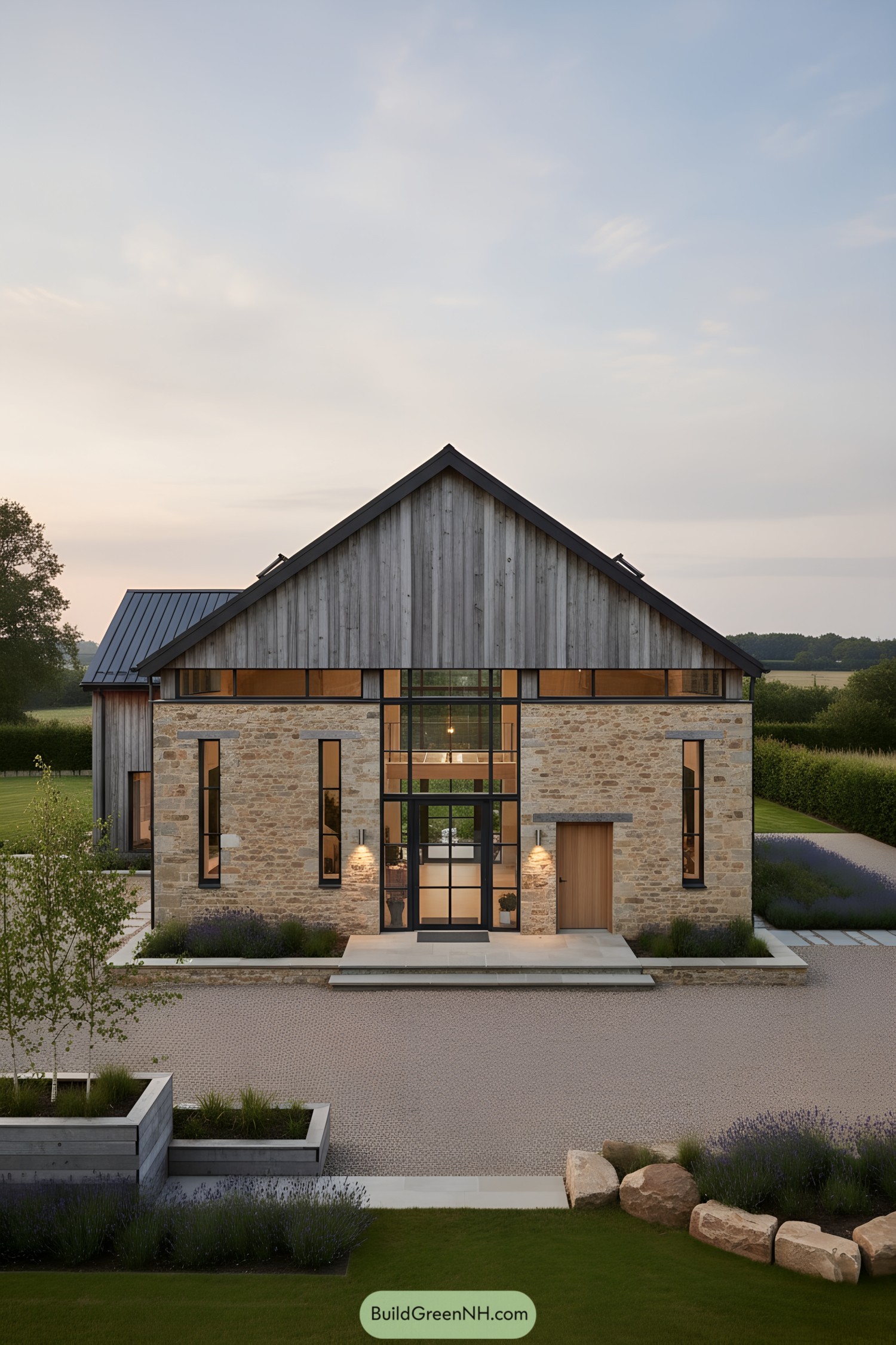 Modern barn home with stone base, timber cladding, and central glass atrium