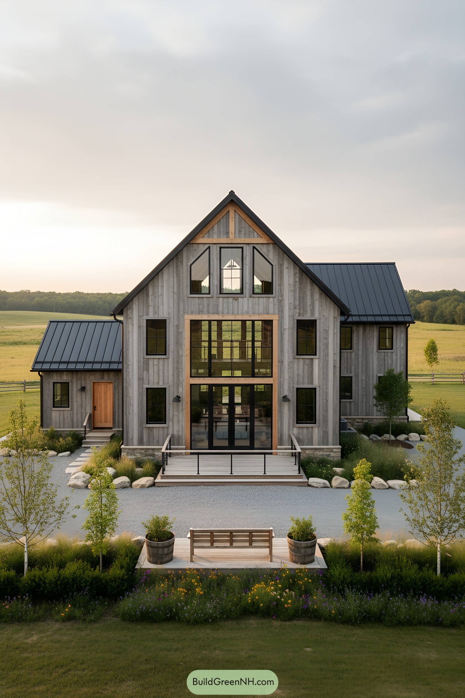 Modern barn home with tall glass atrium