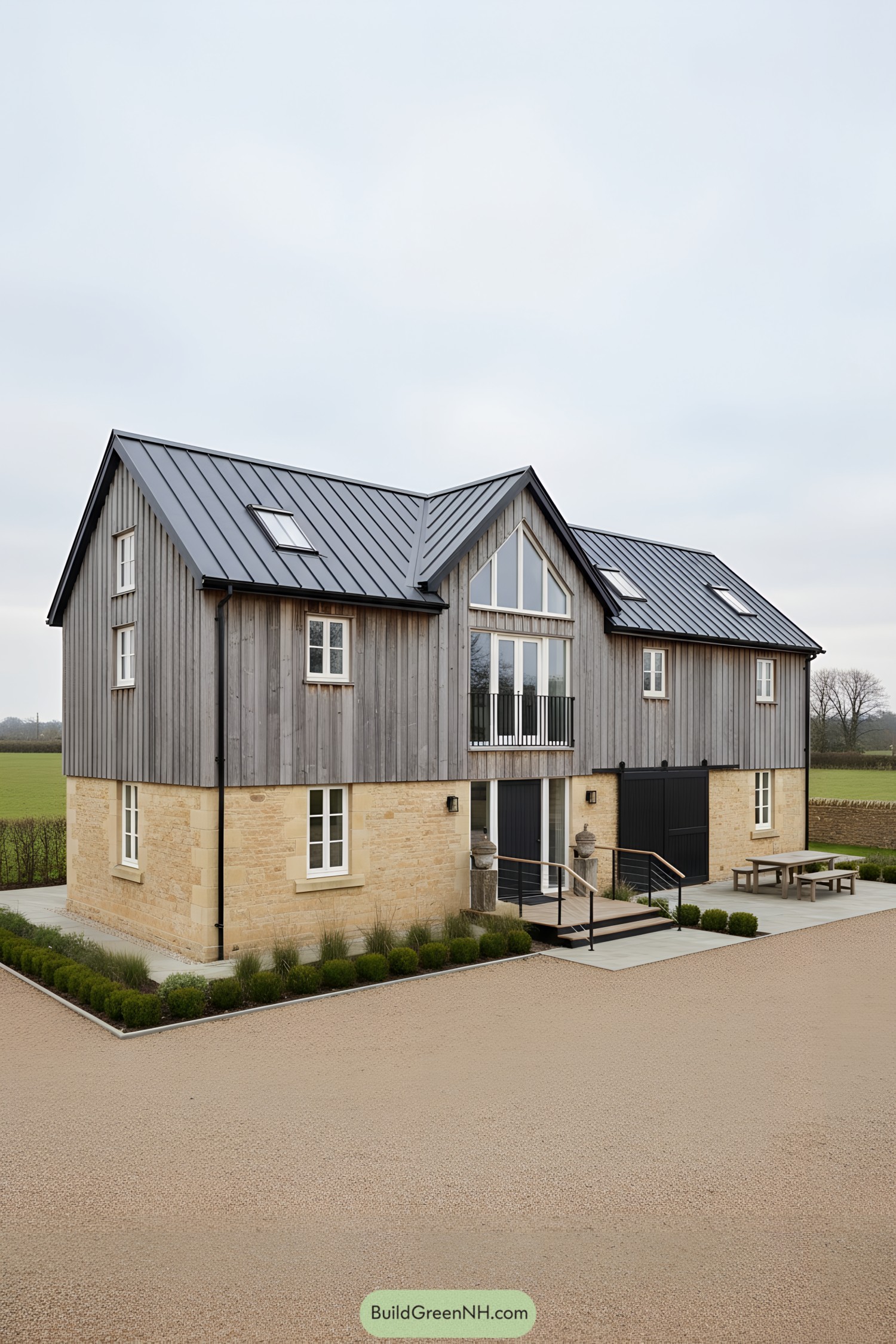 Two-story barn conversion with stone base, gray timber cladding, and black metal roof