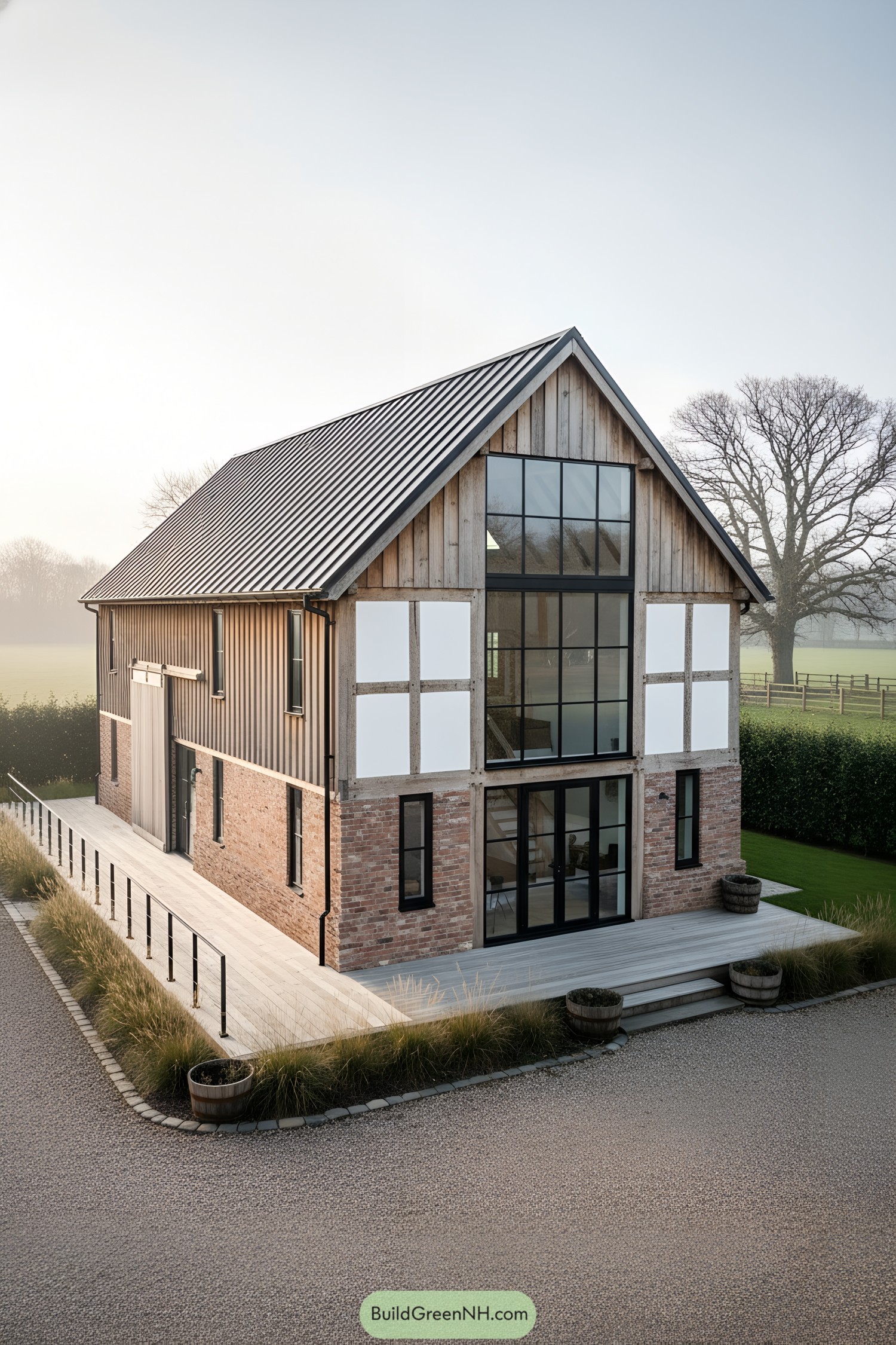Modern barn home with brick base, vertical timber, and large black-framed glazing