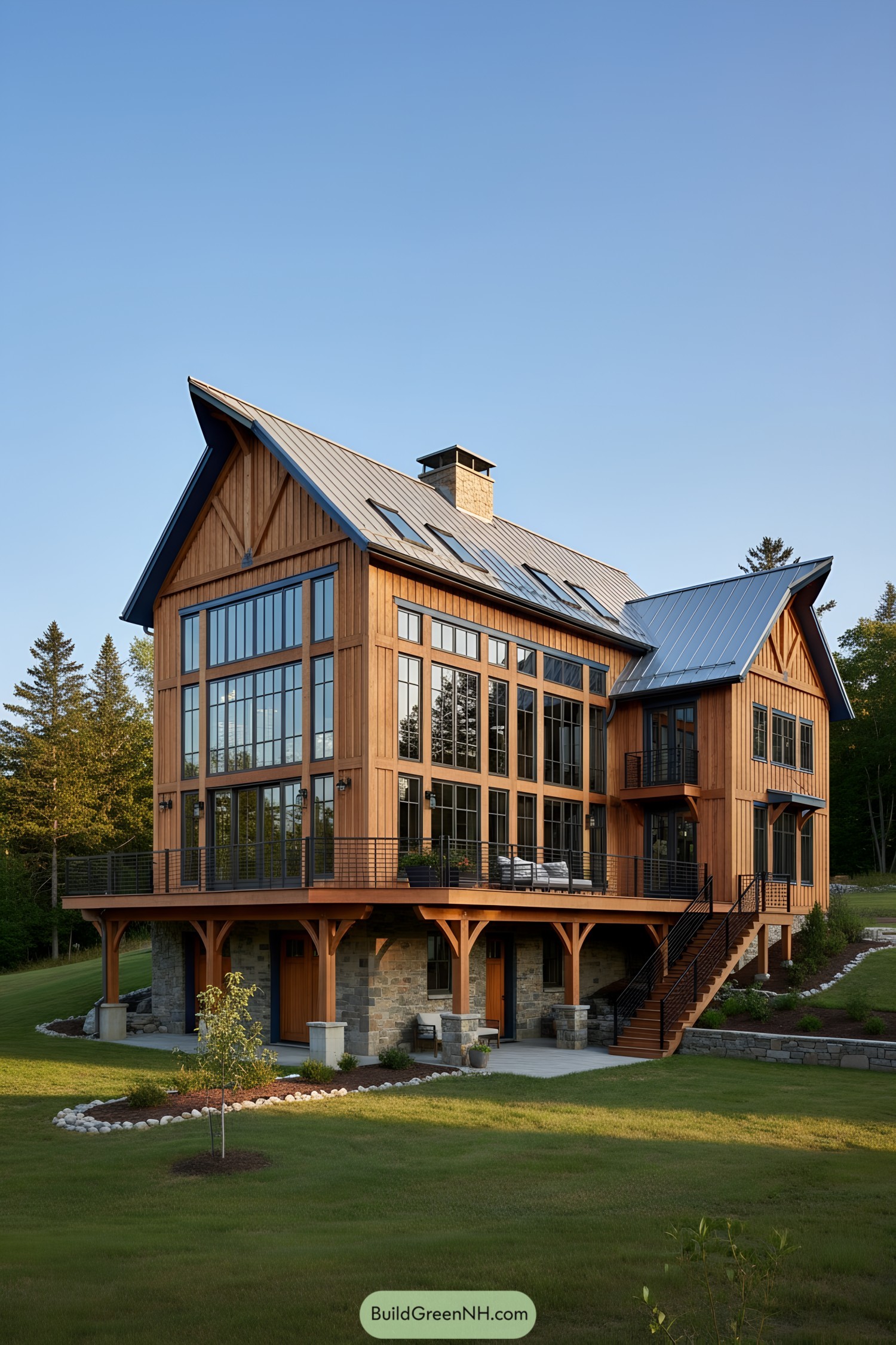 Tall timber barn home with expansive windows