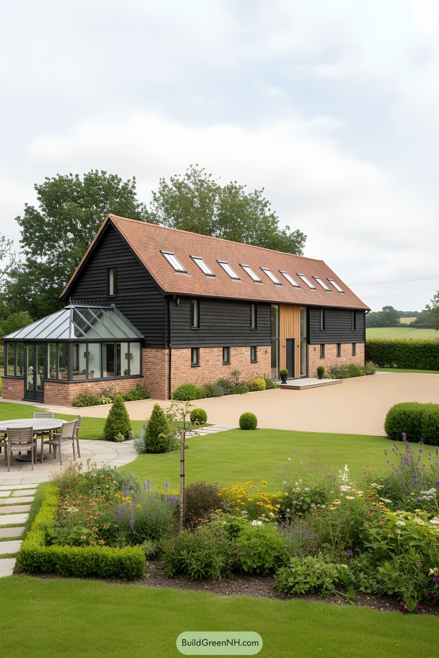 Black-clad barn home with brick base and glass conservatory