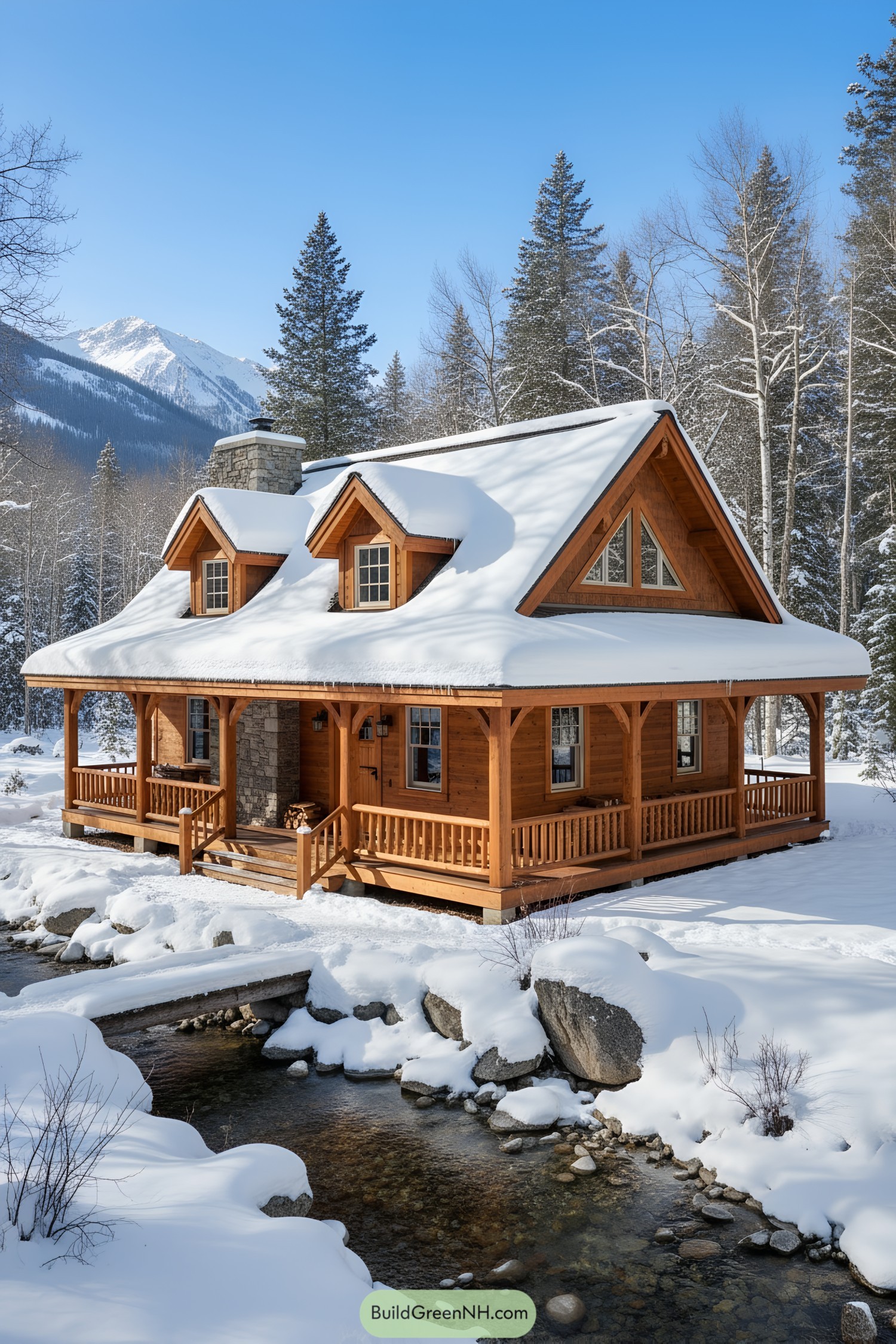Cozy timber cottage by snowy creek with dormers and wraparound porch