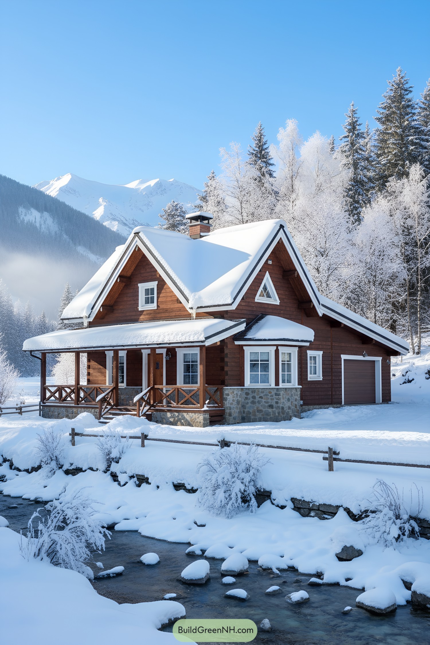 Cozy timber cottage with snow-covered gables by a creek
