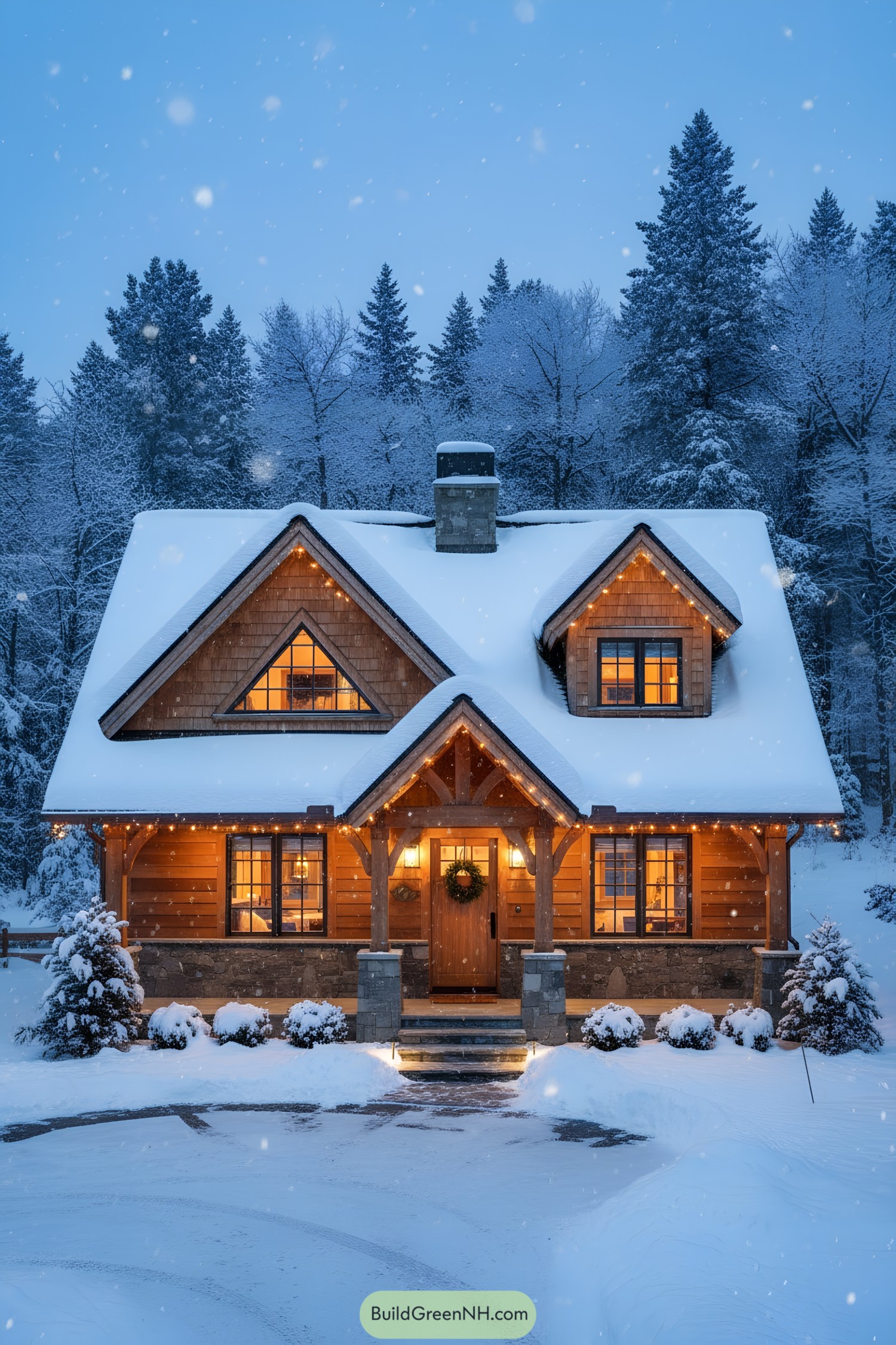 Cozy timber cottage with snow-capped gables and warm window light