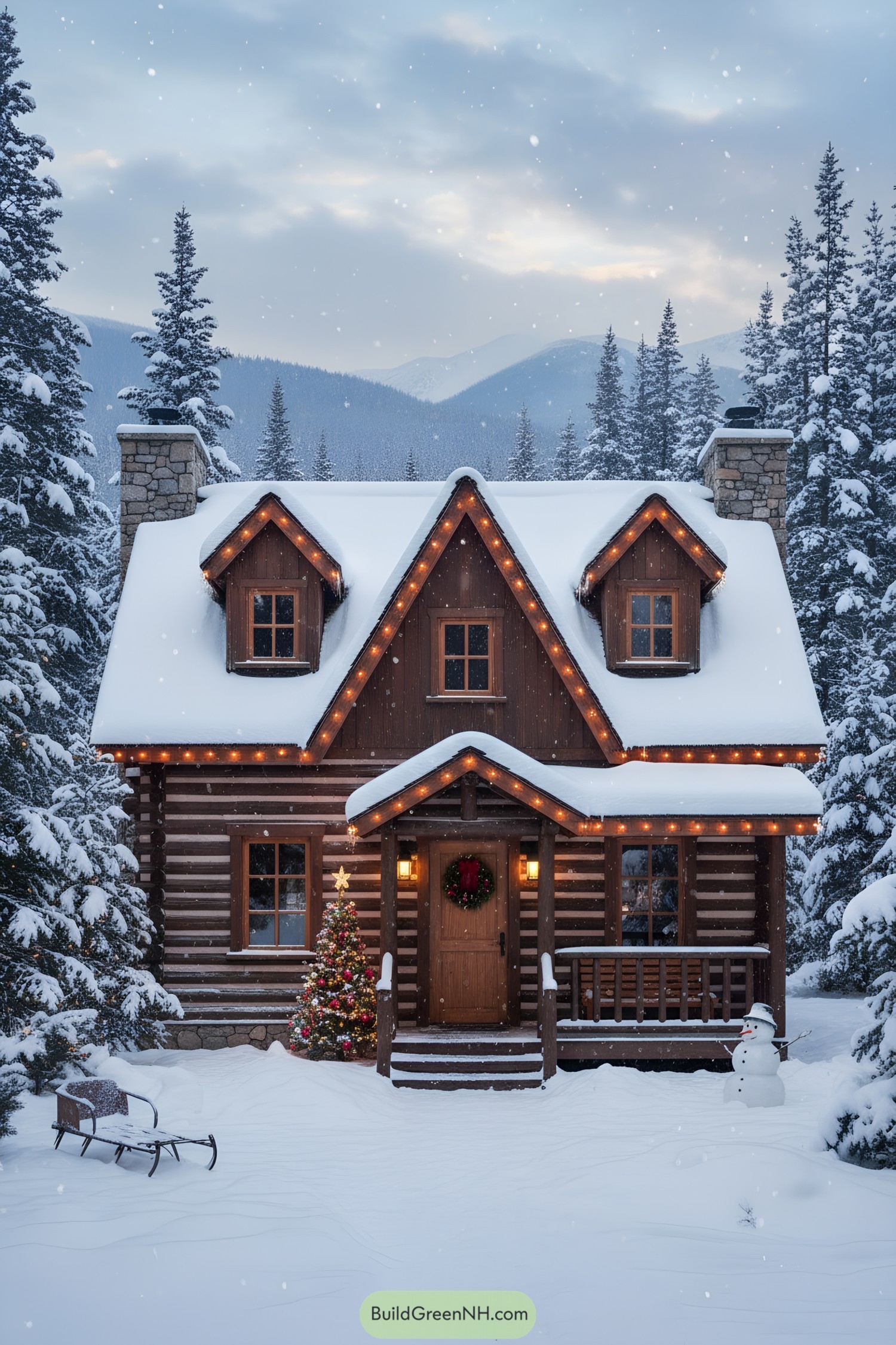 Cozy log cabin with snow-laden gables and festive lights