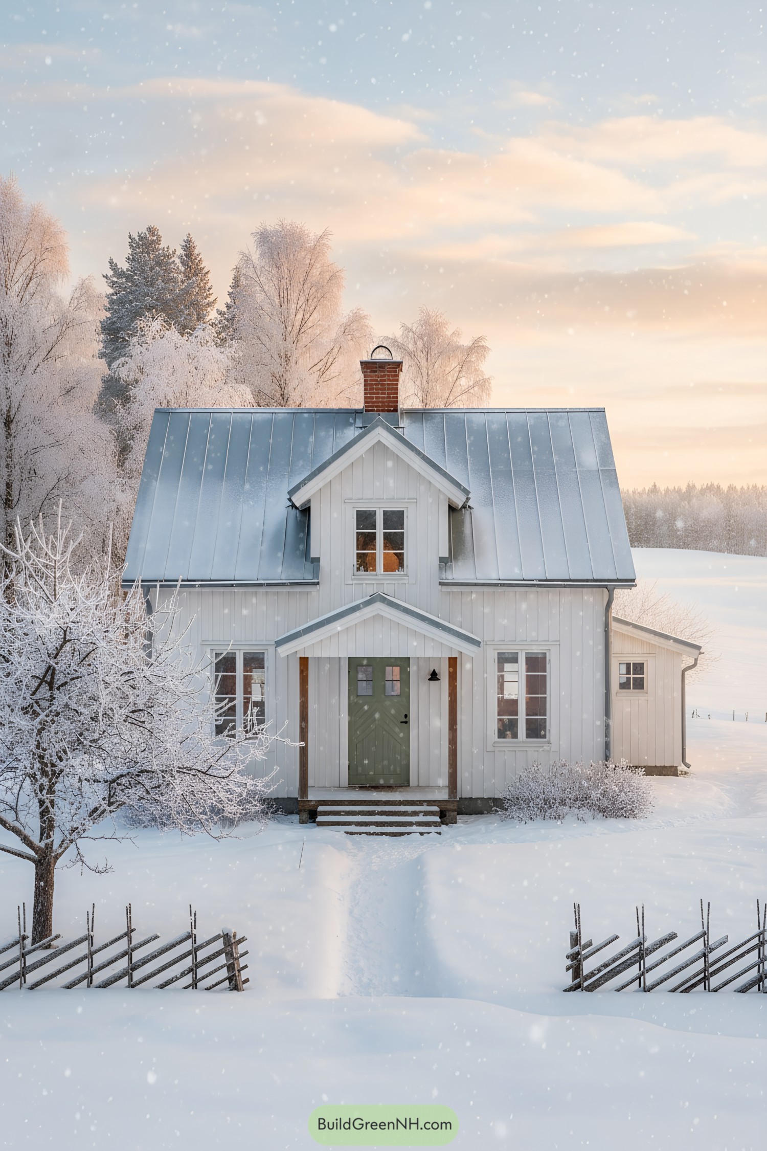 White clapboard cottage with metal roof in snowfall