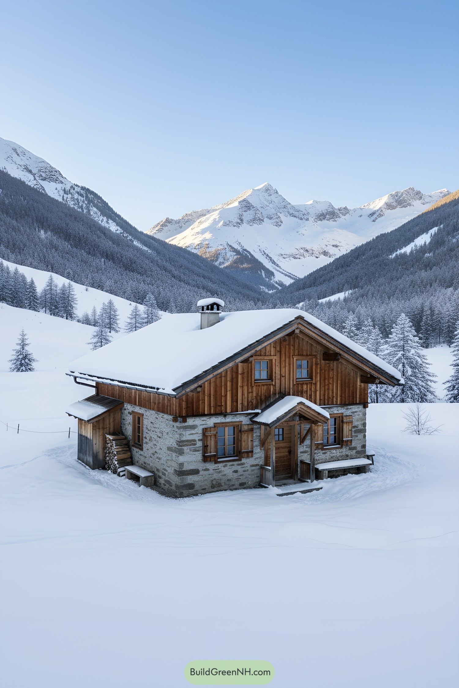 Cozy stone-and-timber cottage in snowy mountains