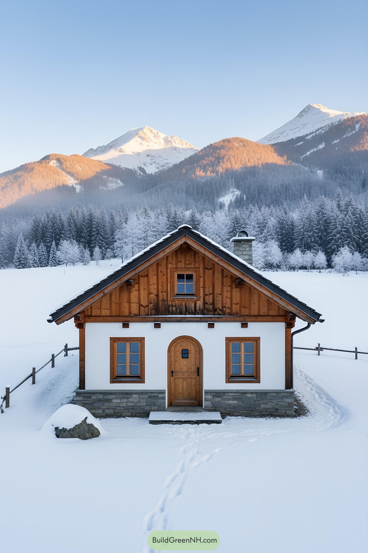 Small alpine cottage with timber gables and stone base before snowy mountains