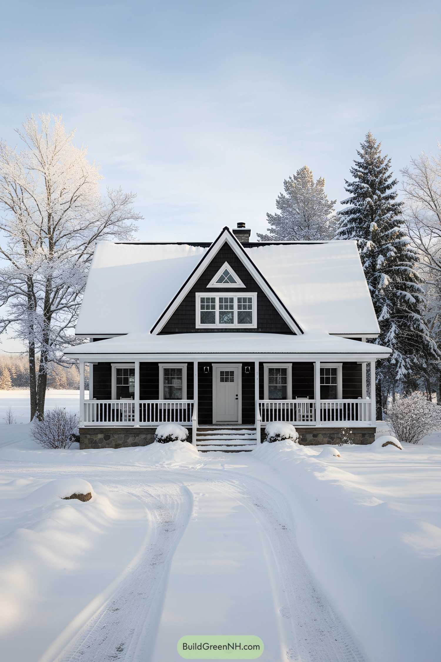 Black-clad cottage with steep gables and porch