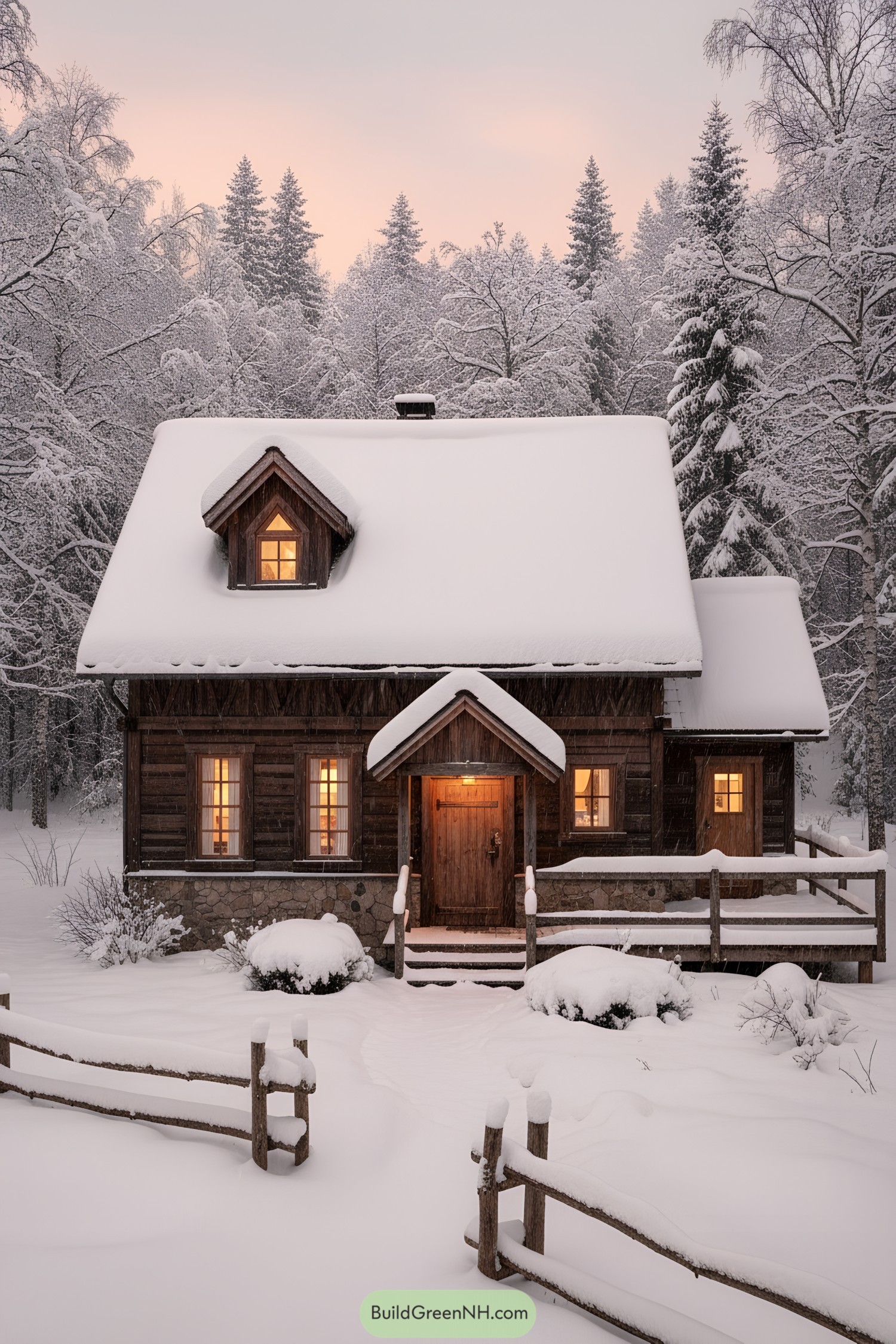 Cozy wood cabin with dormer under snowy pines