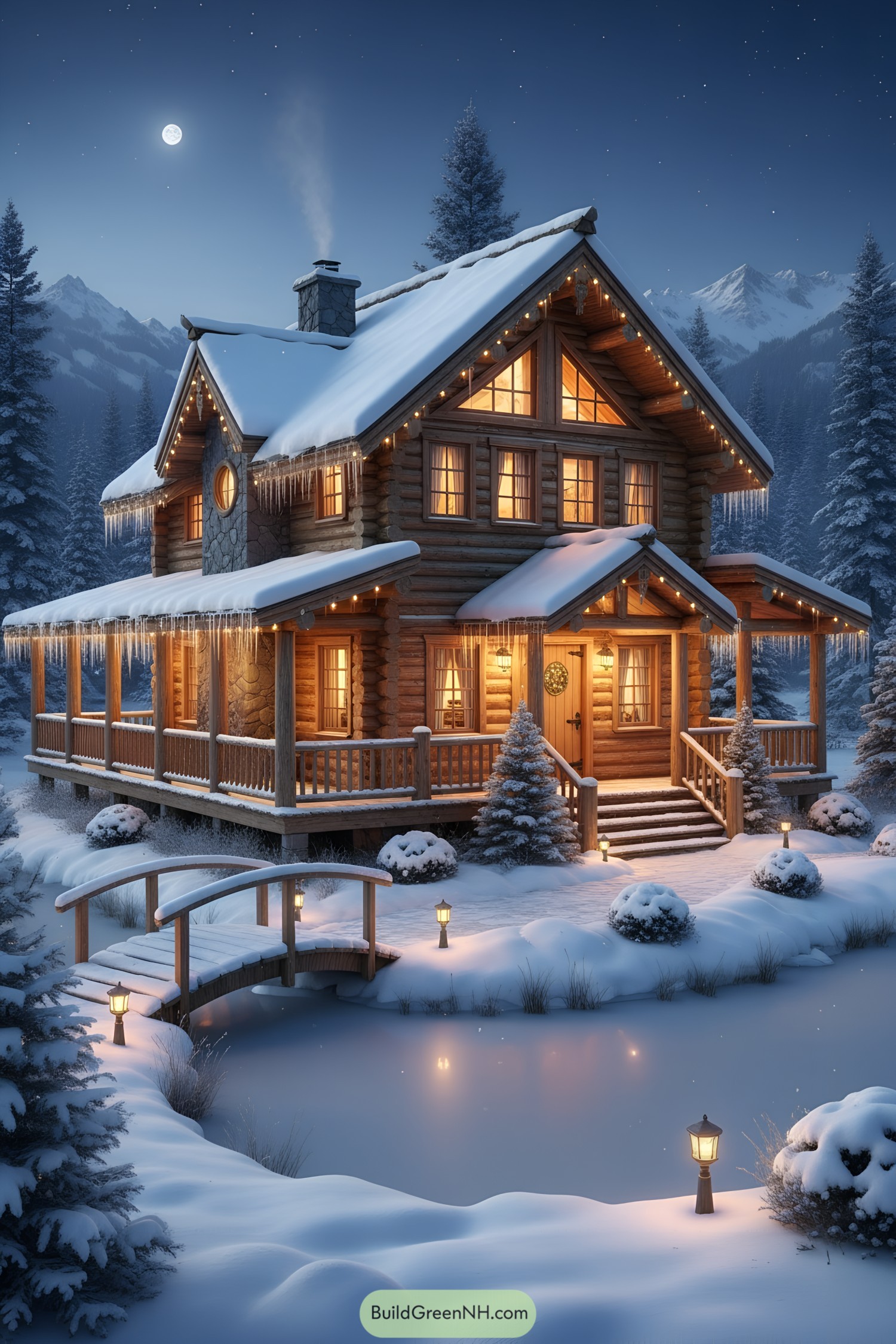 Cozy log cabin by a frozen pond at night