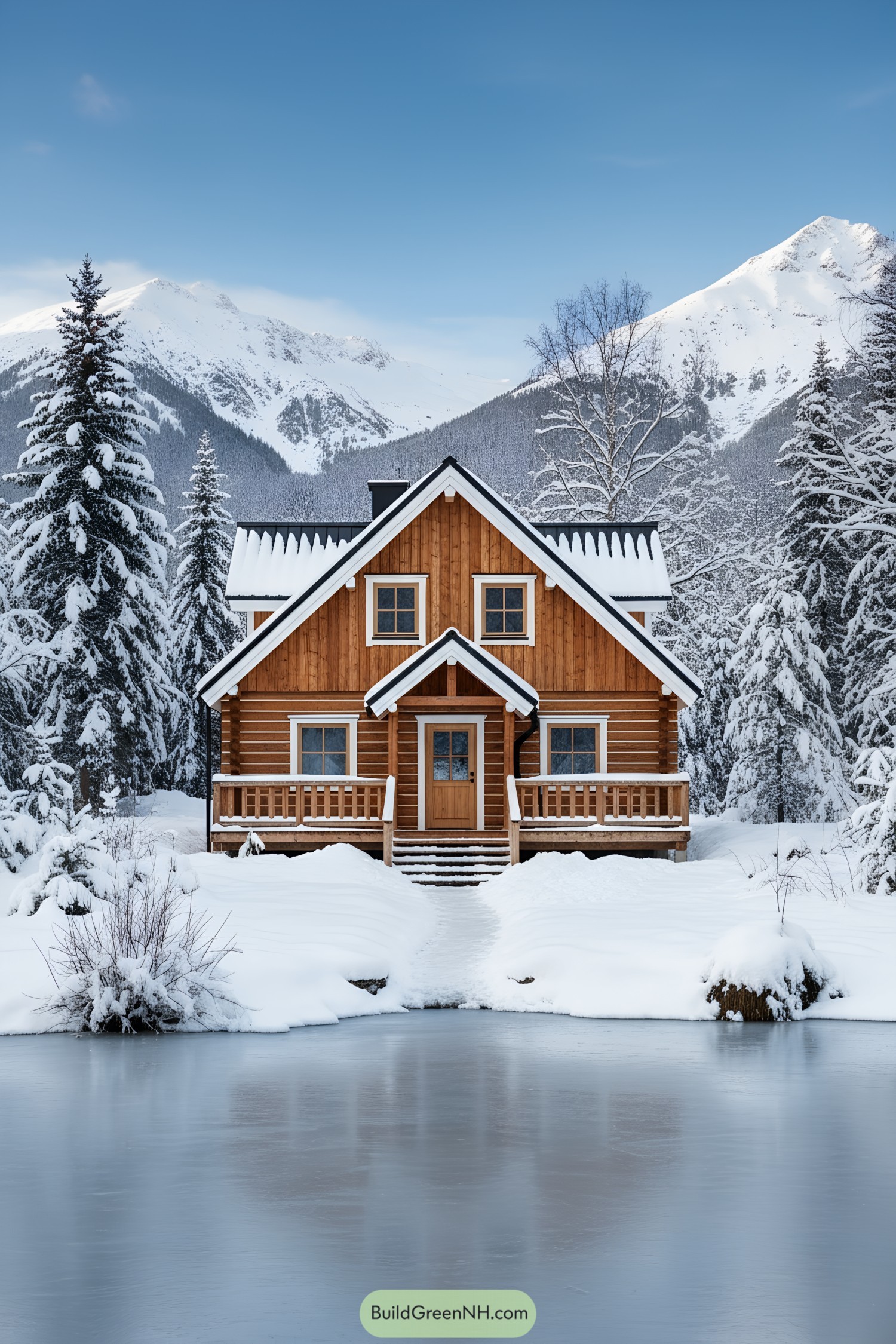 Cozy wooden cabin by a frozen pond