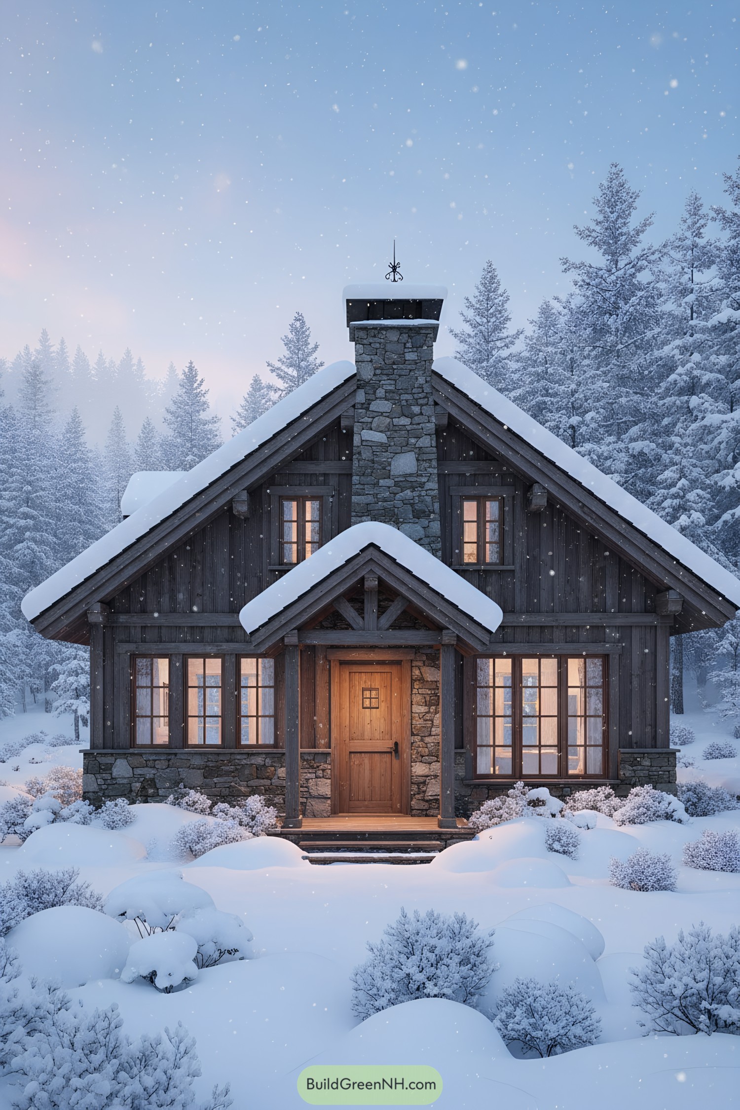Cozy timber cottage with snowy gables