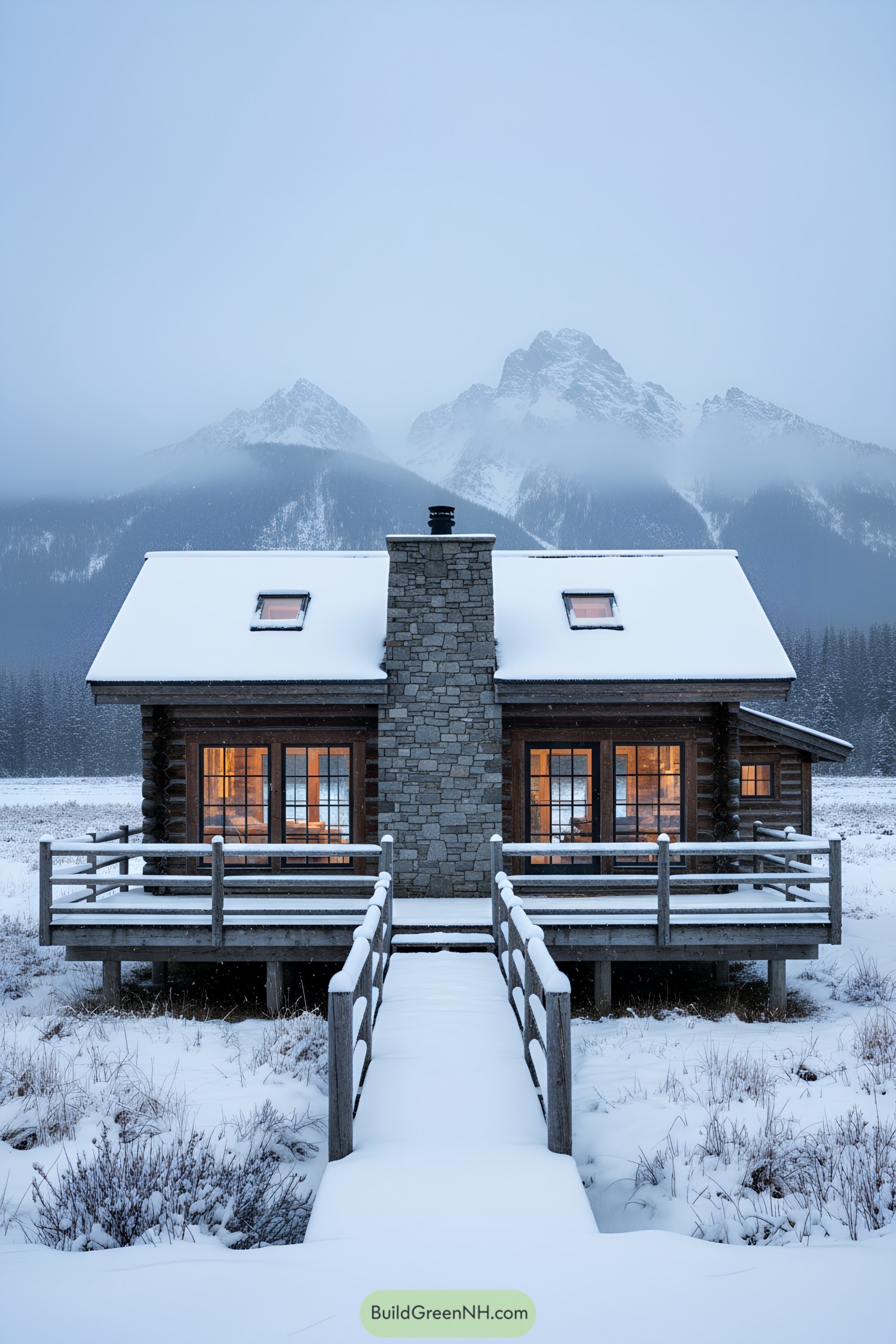 Snowy log cabin with central stone chimney