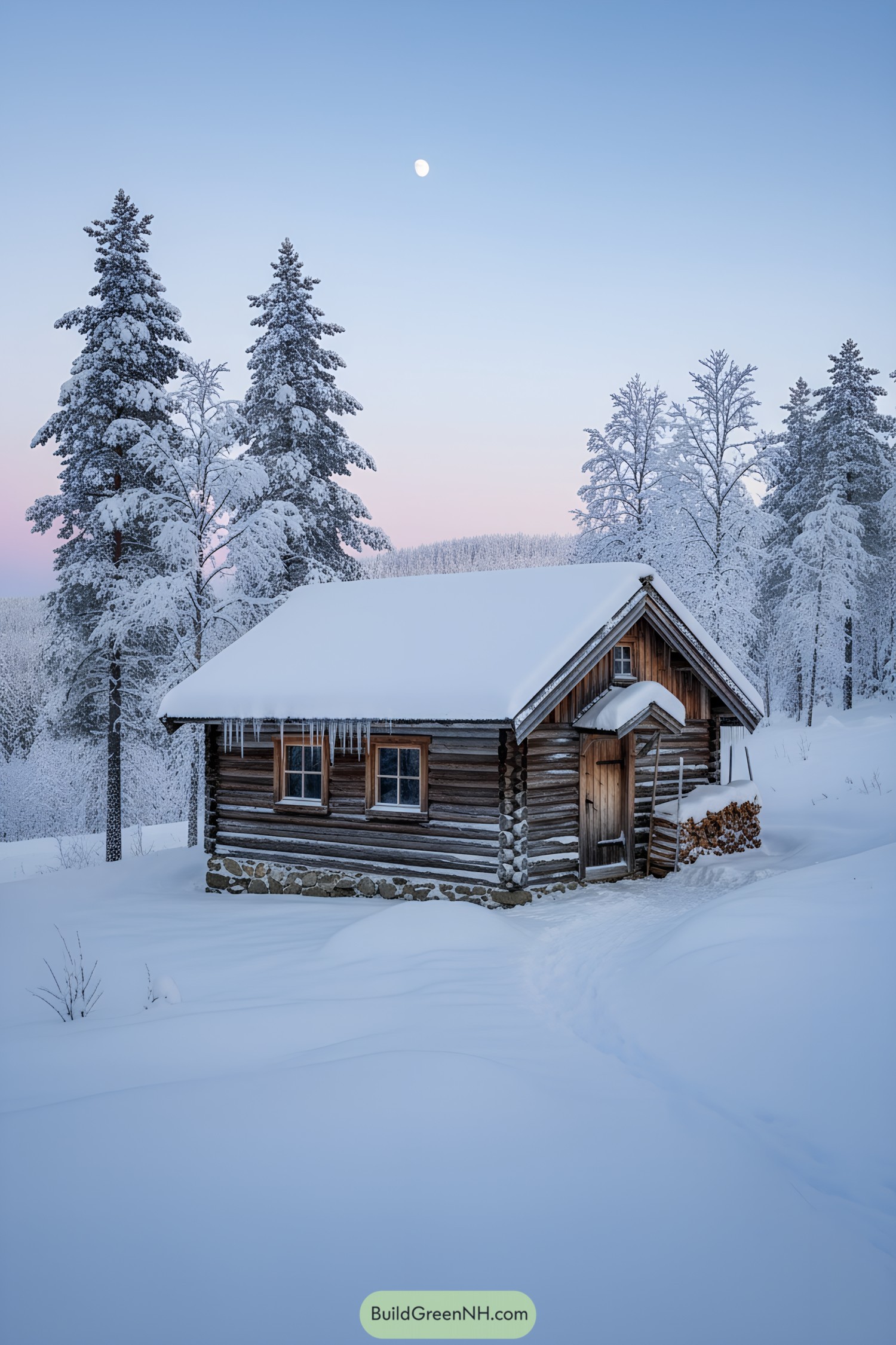 Small log cabin under snowy pines at dusk