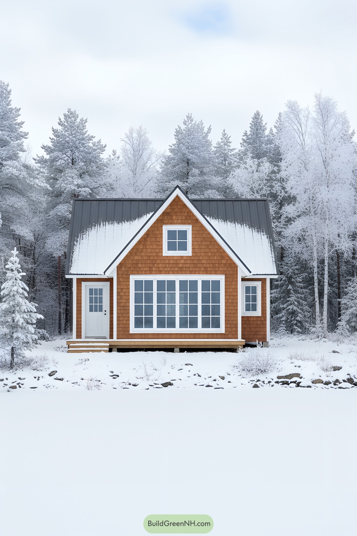 Small cedar-shingle cottage with large front windows in snowy woods