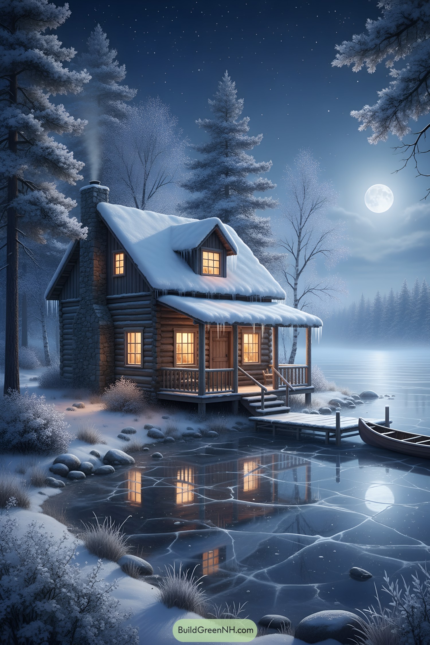 Snowy log cabin by a frozen lake