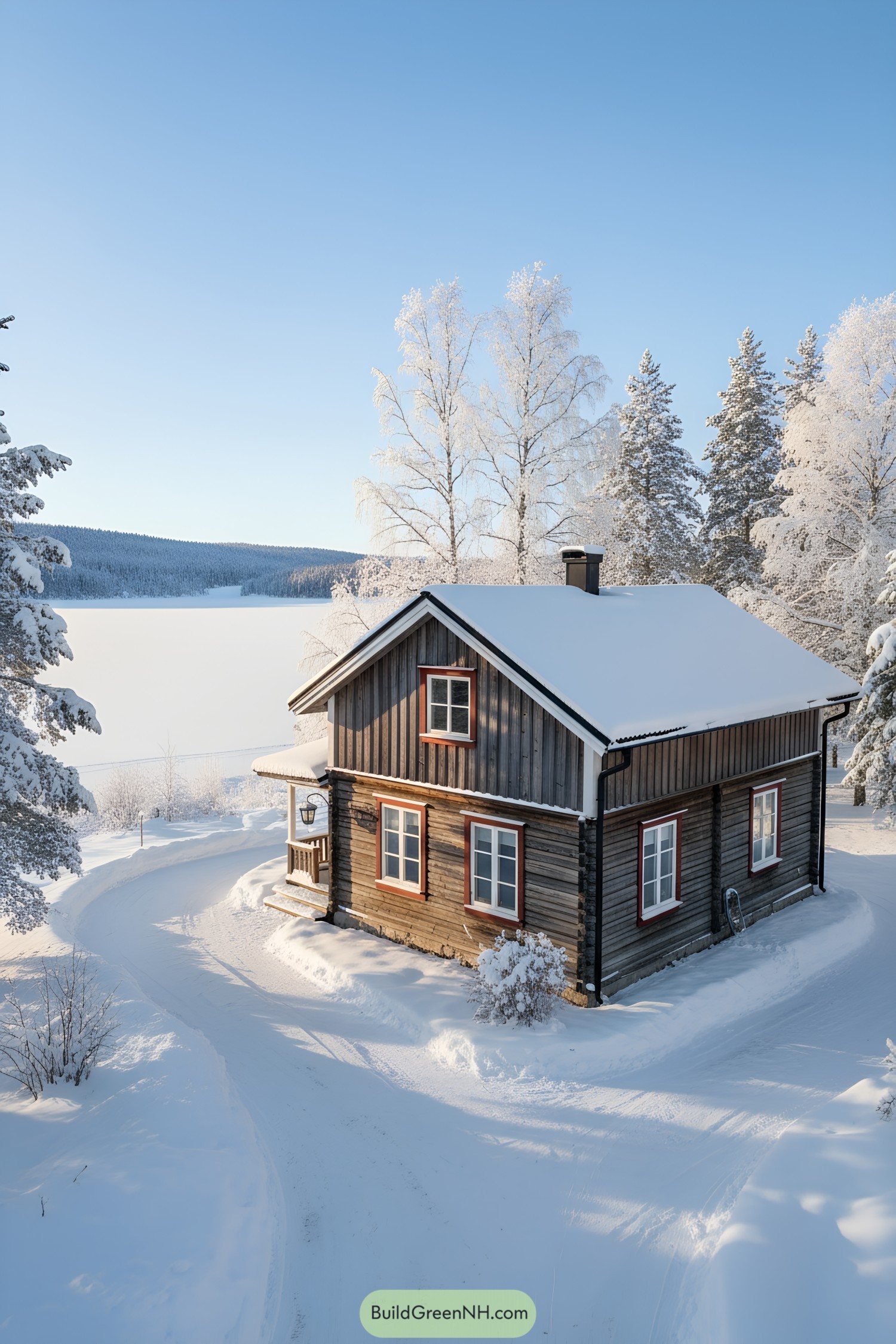 Cozy wooden cottage in snowy landscape