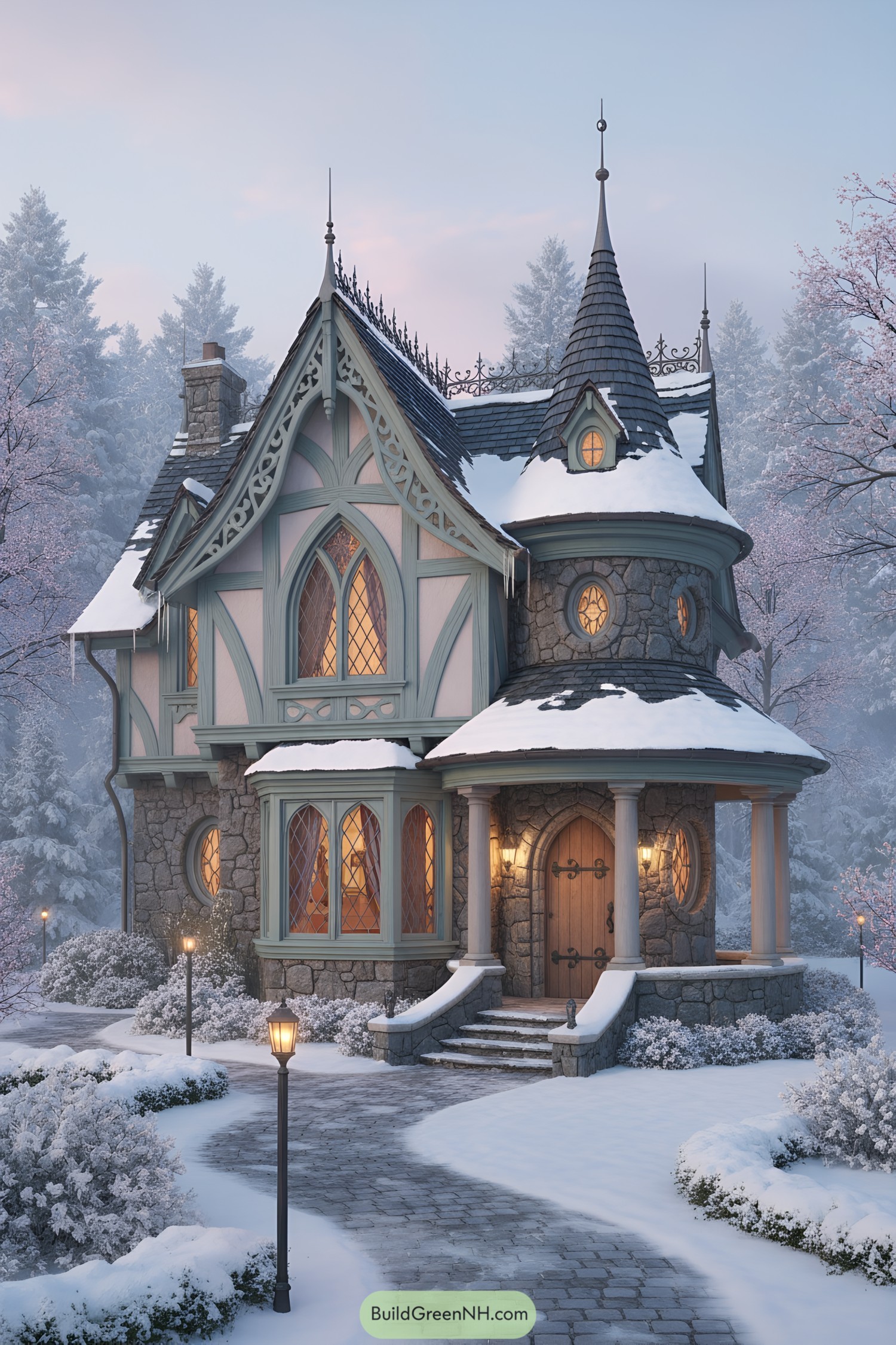 Stone-and-wood cottage with turret and Gothic windows in snowy forest