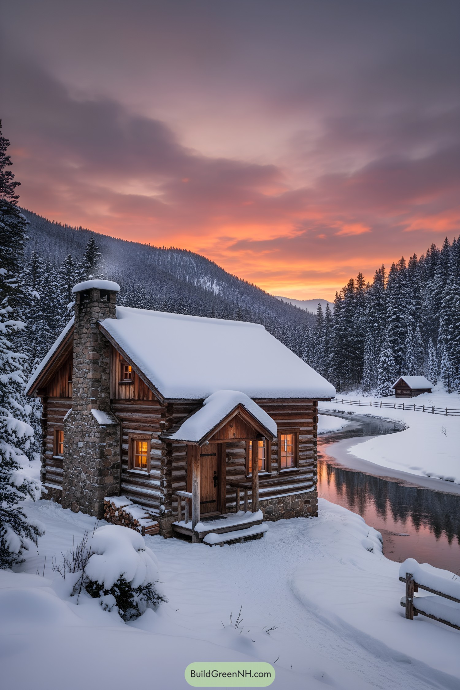 Cozy log cabin by snowy river at sunset