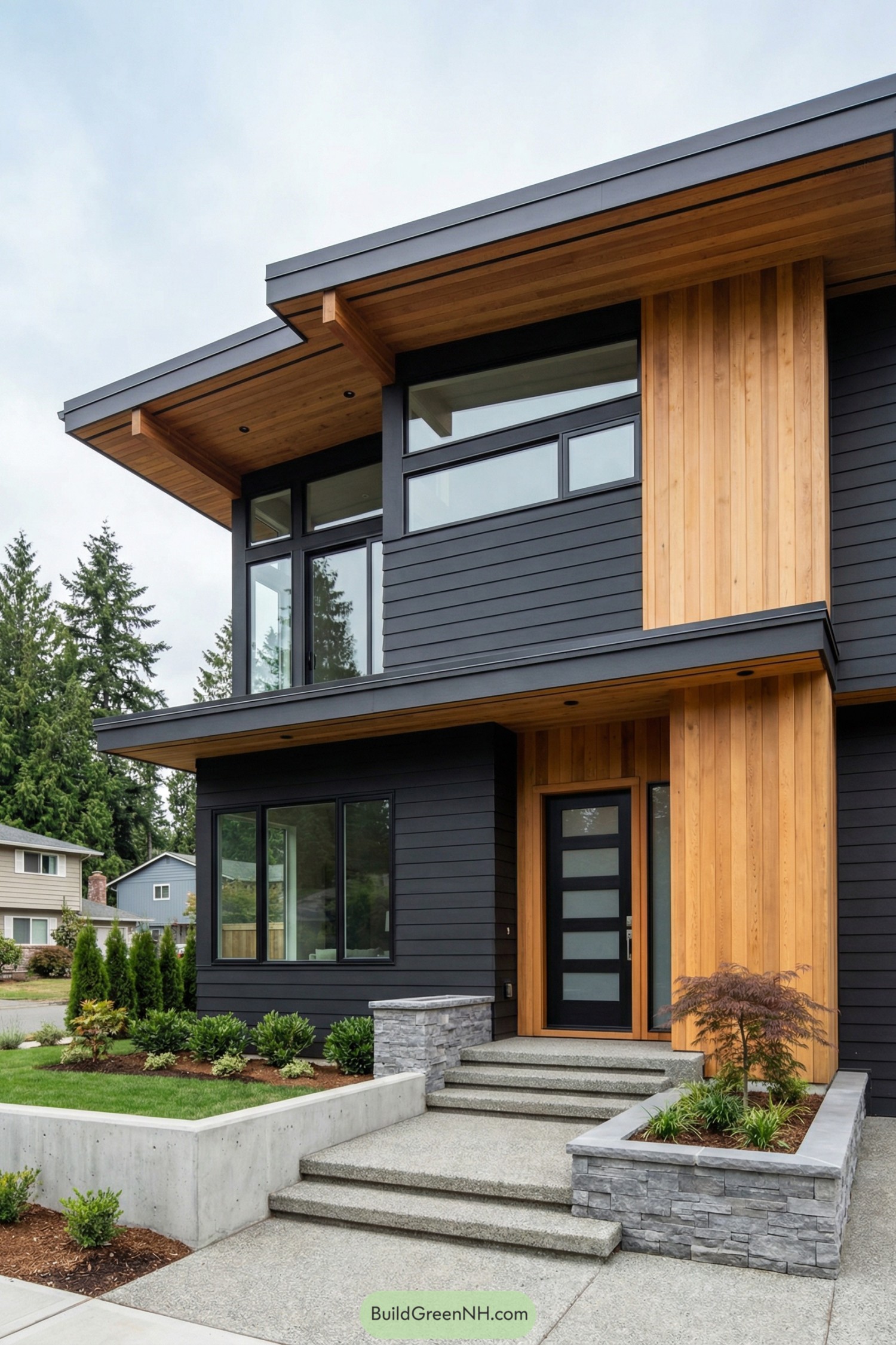 Modern black and cedar two-story house facade