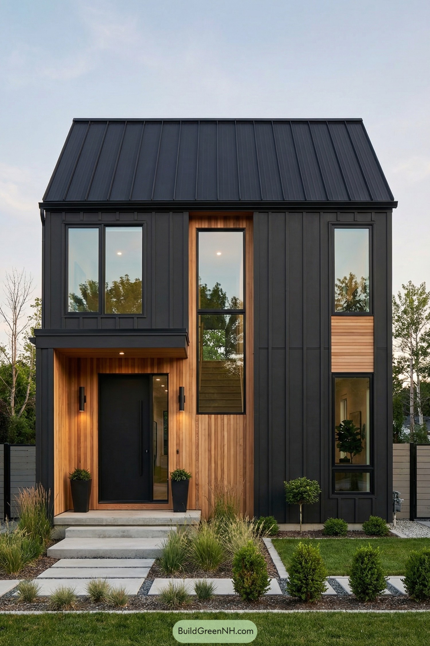 Modern black metal and cedar house facade
