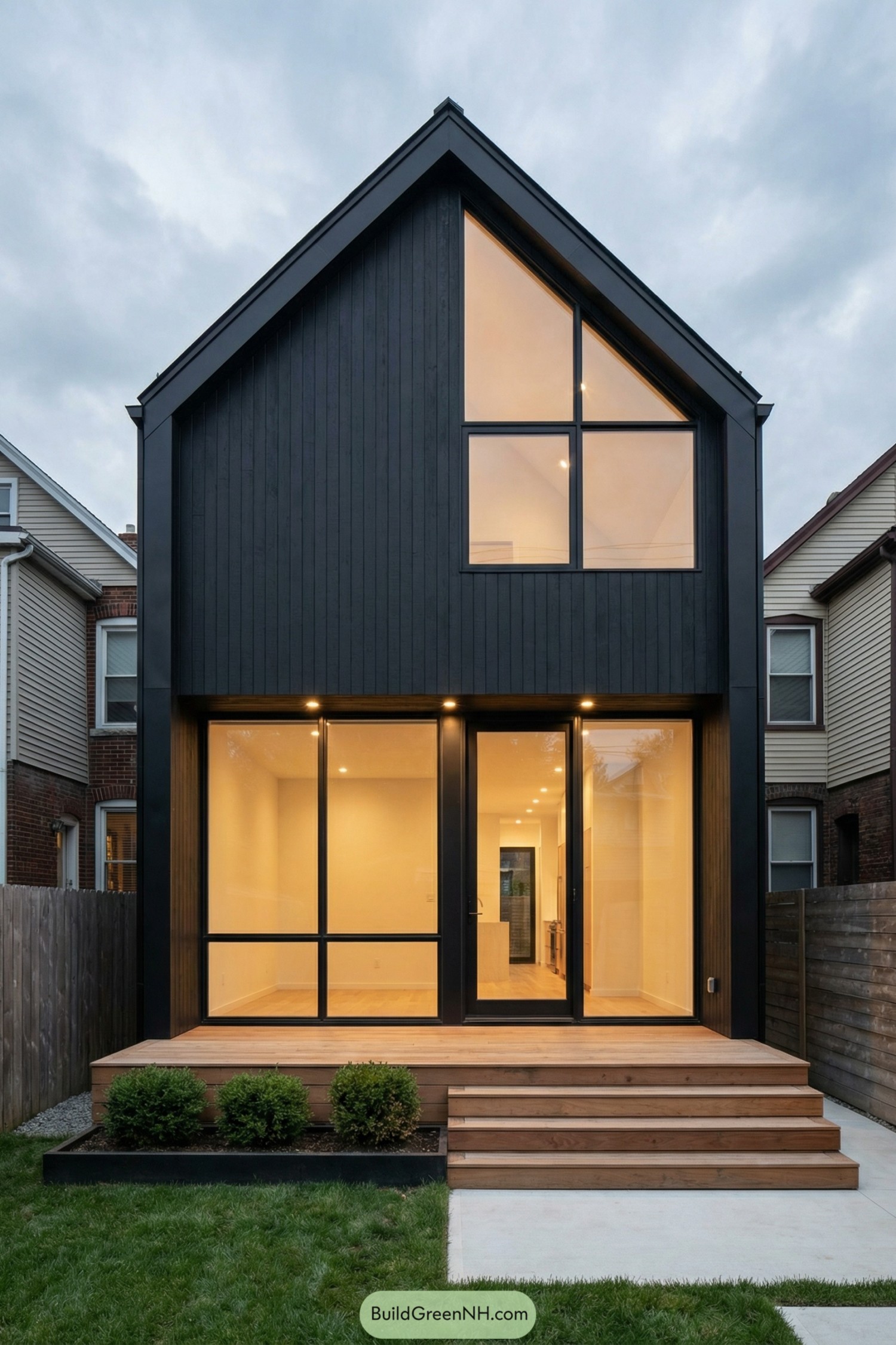 Black gabled house with tall glass wall and cedar deck