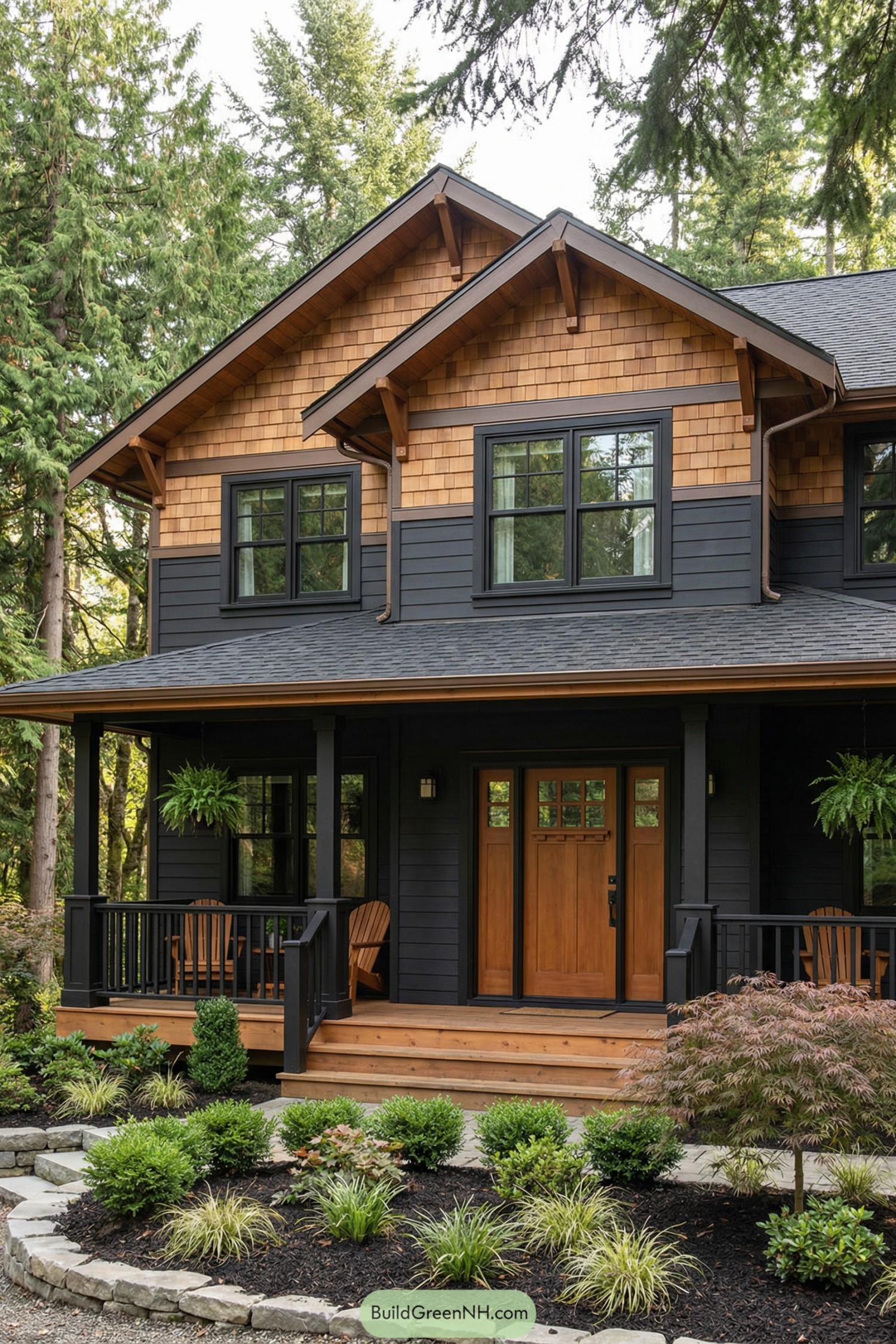 Two-story black and cedar house with wide front porch and lush landscaping