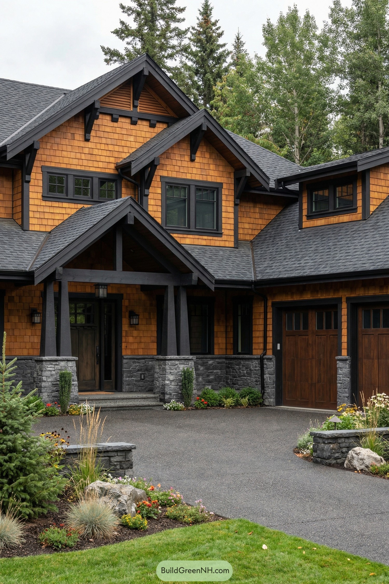 Two-story cedar and charcoal house exterior