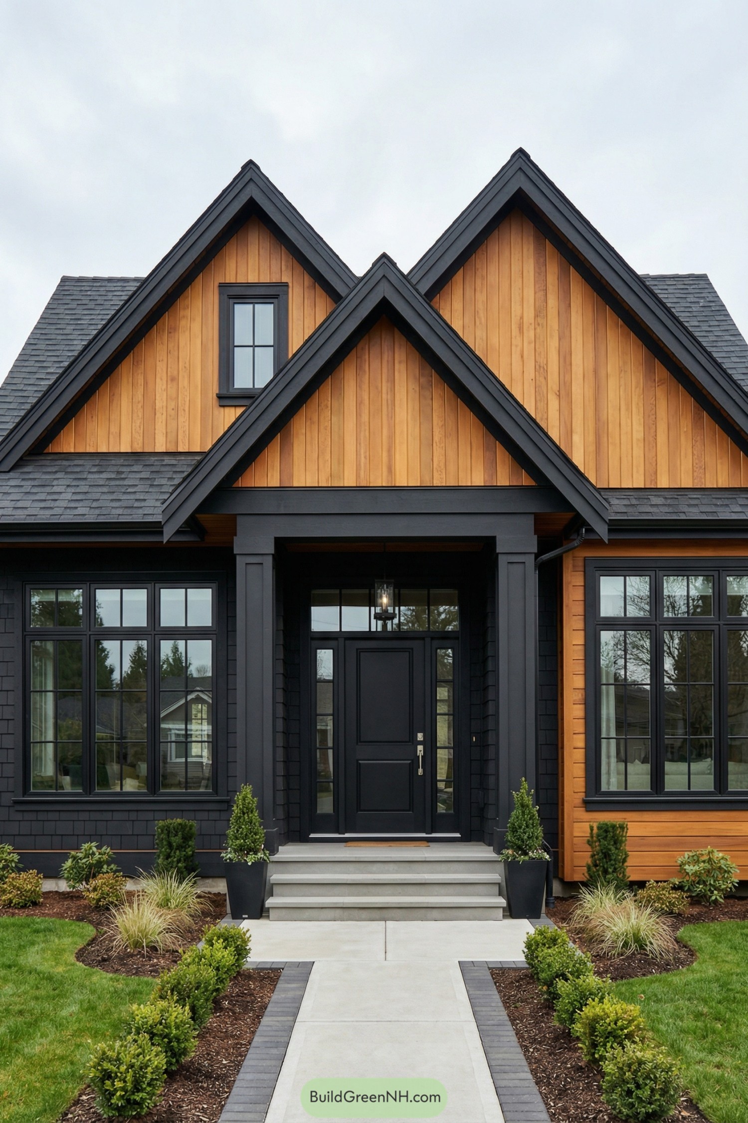 Black and cedar modern house with triple gables and a straight landscaped path leading to the front door
