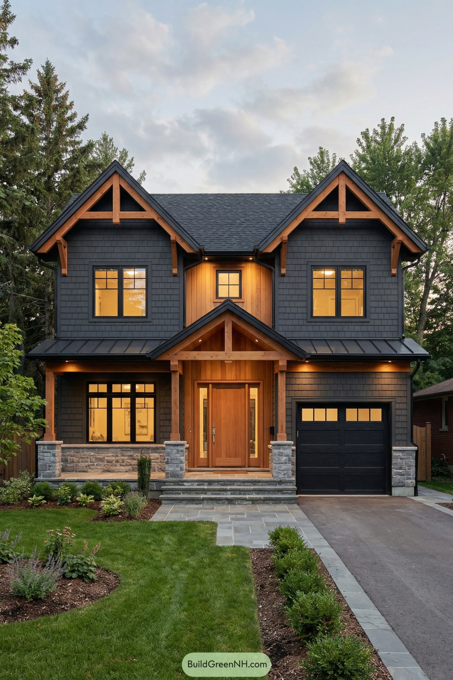 Two story black and cedar house with warm exterior lighting and gabled roof