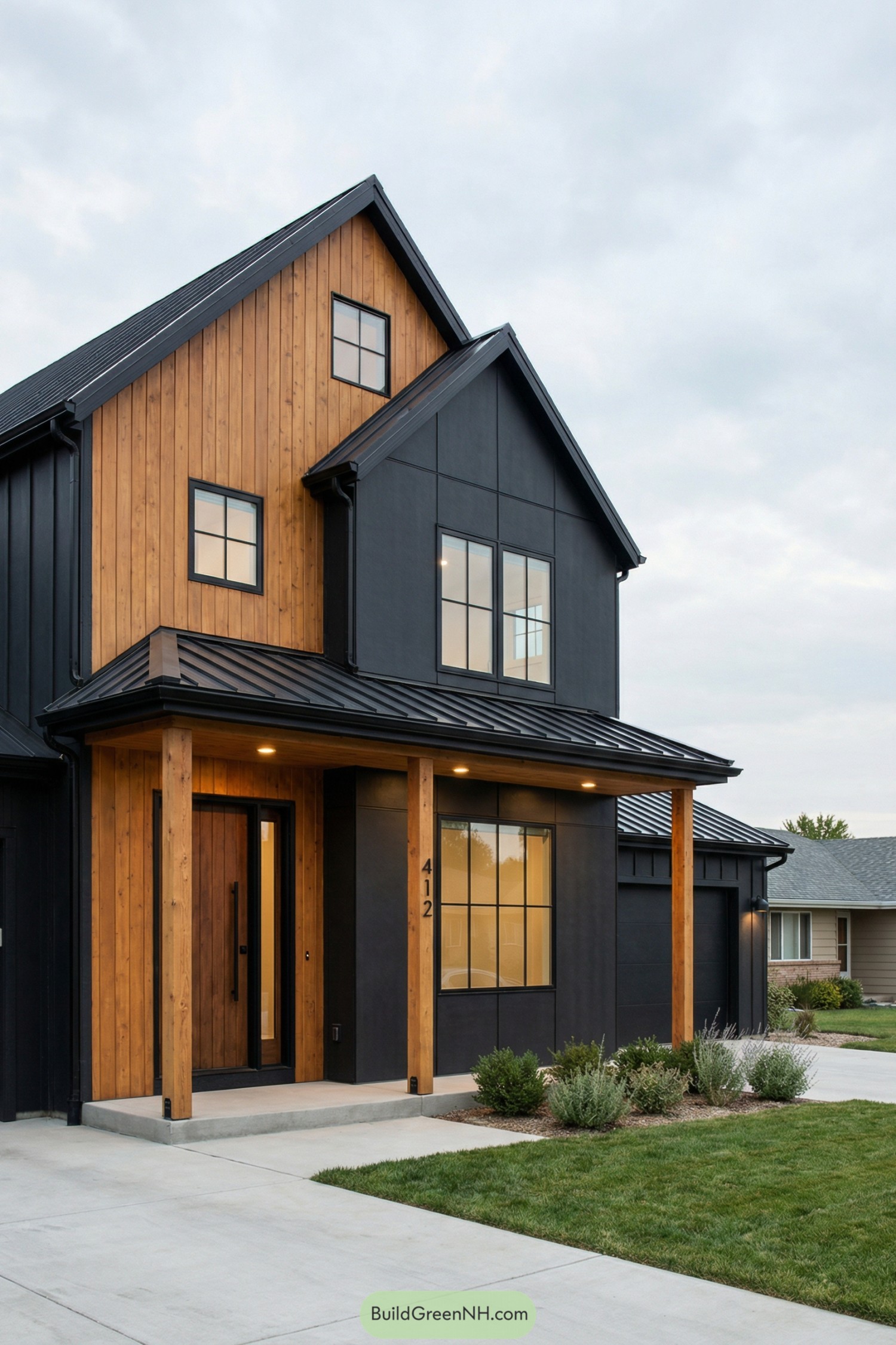 Modern black and cedar two-story house with metal roof and front porch
