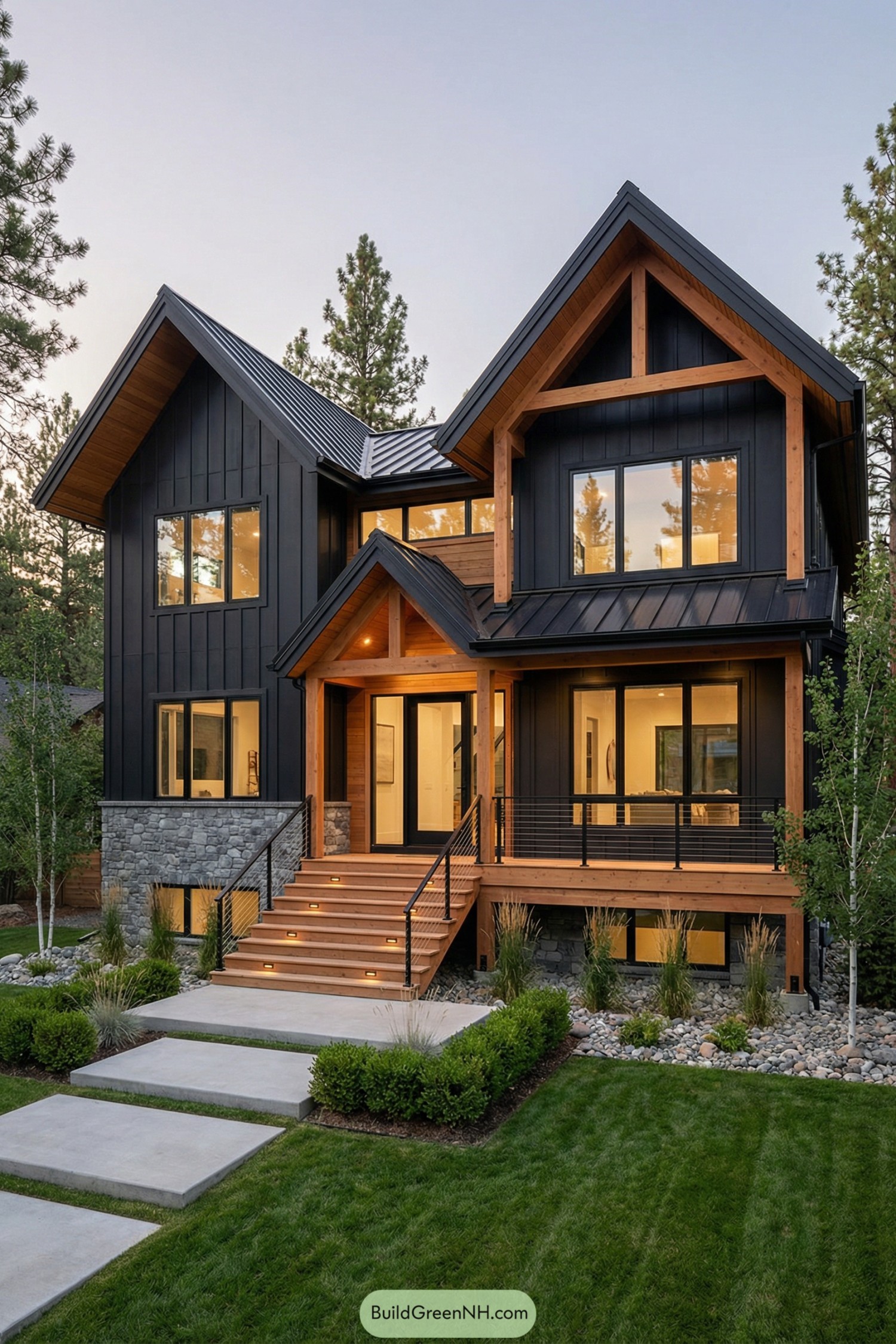 Modern black house with warm cedar trim and large windows at dusk