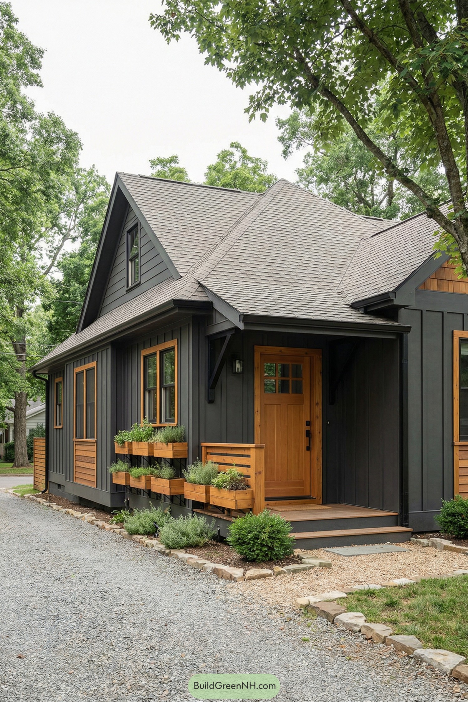 Compact dark gray cottage with cedar accents and box planters