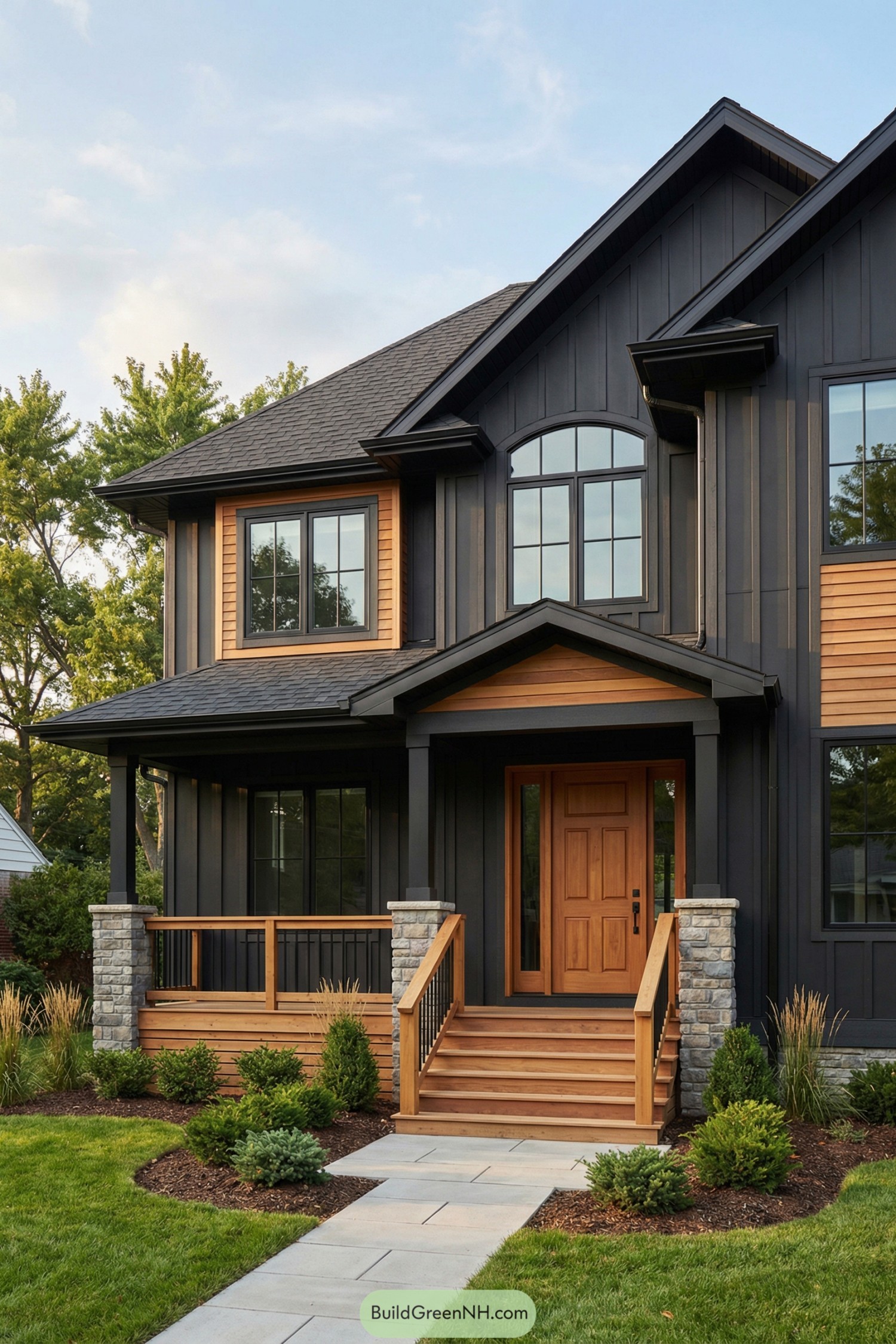 Modern black house with warm cedar accents and stone porch columns