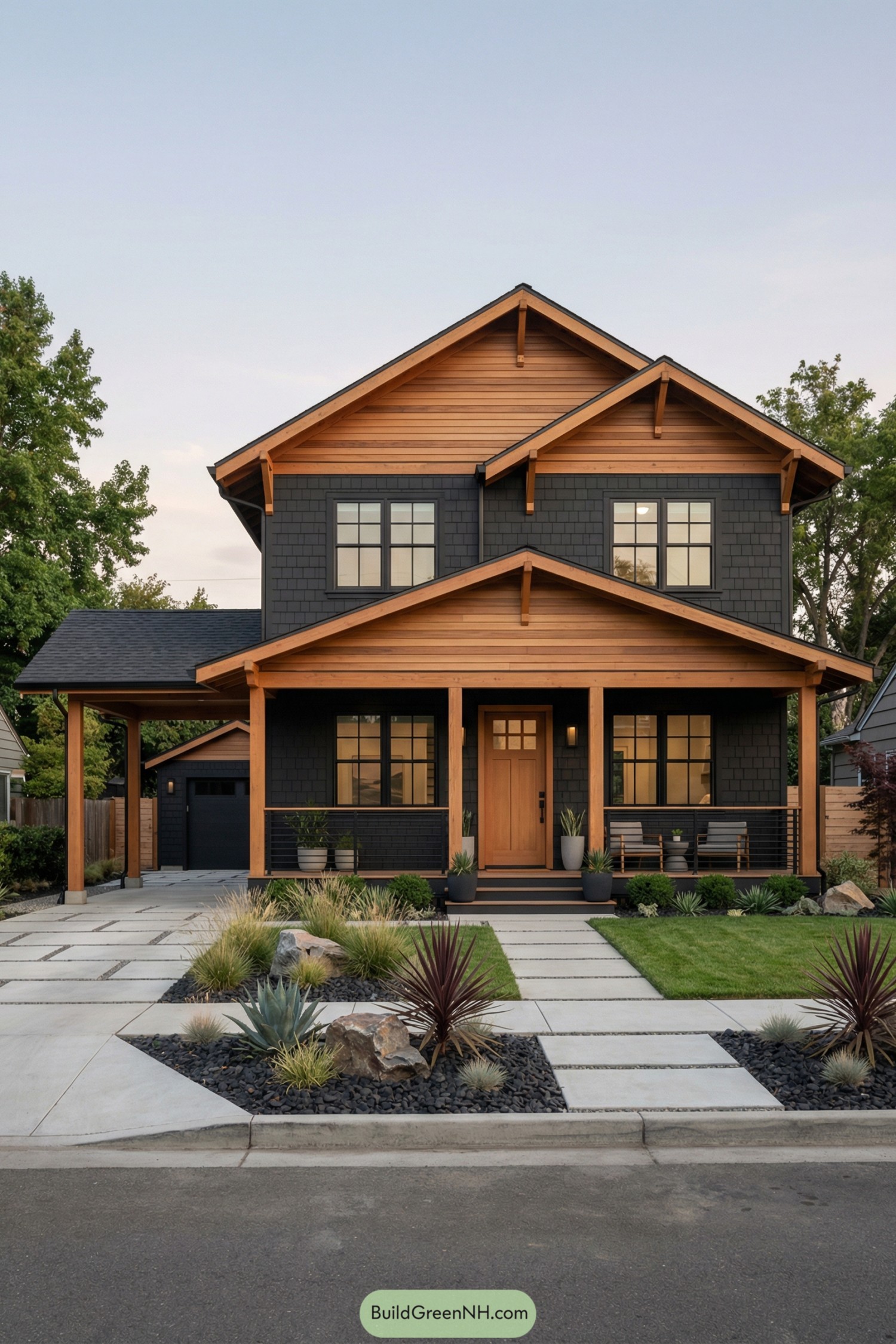 Two-story black house with cedar accents and modern drought-tolerant front yard